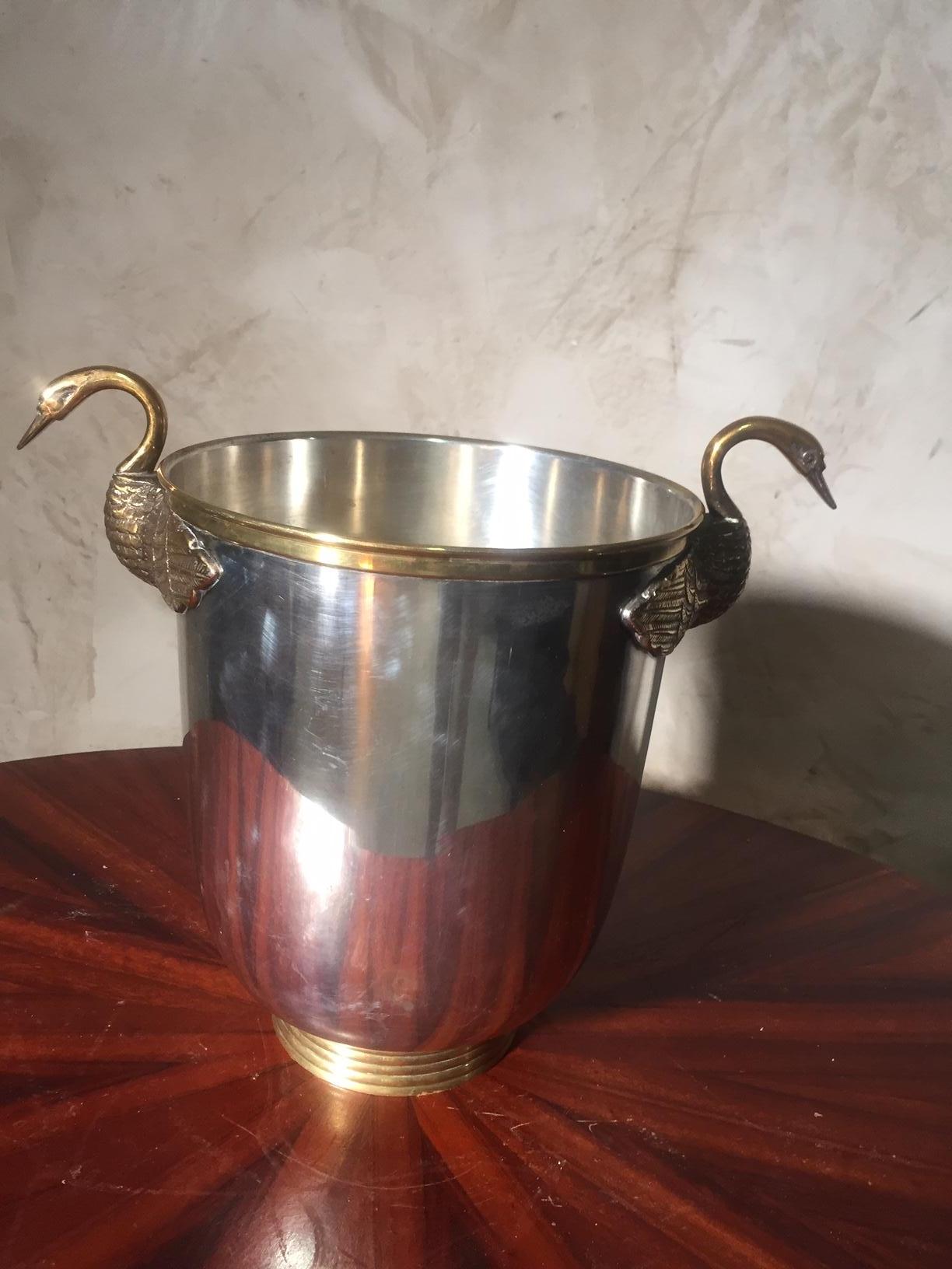 French Silver Plated Ice Bucket with Head Swans Handles 1