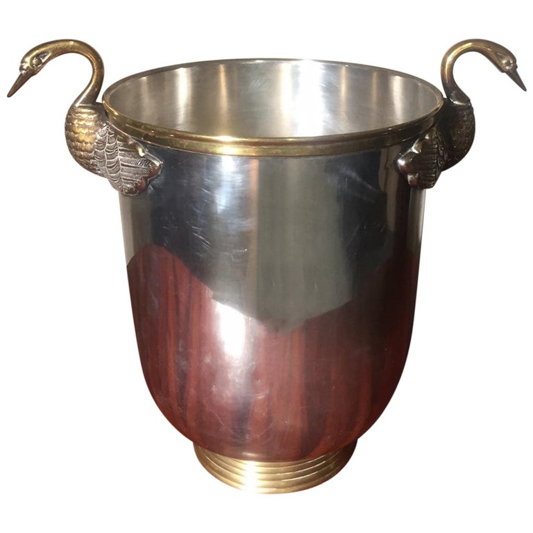 French Silver Plated Ice Bucket with Head Swans Handles at 1stDibs