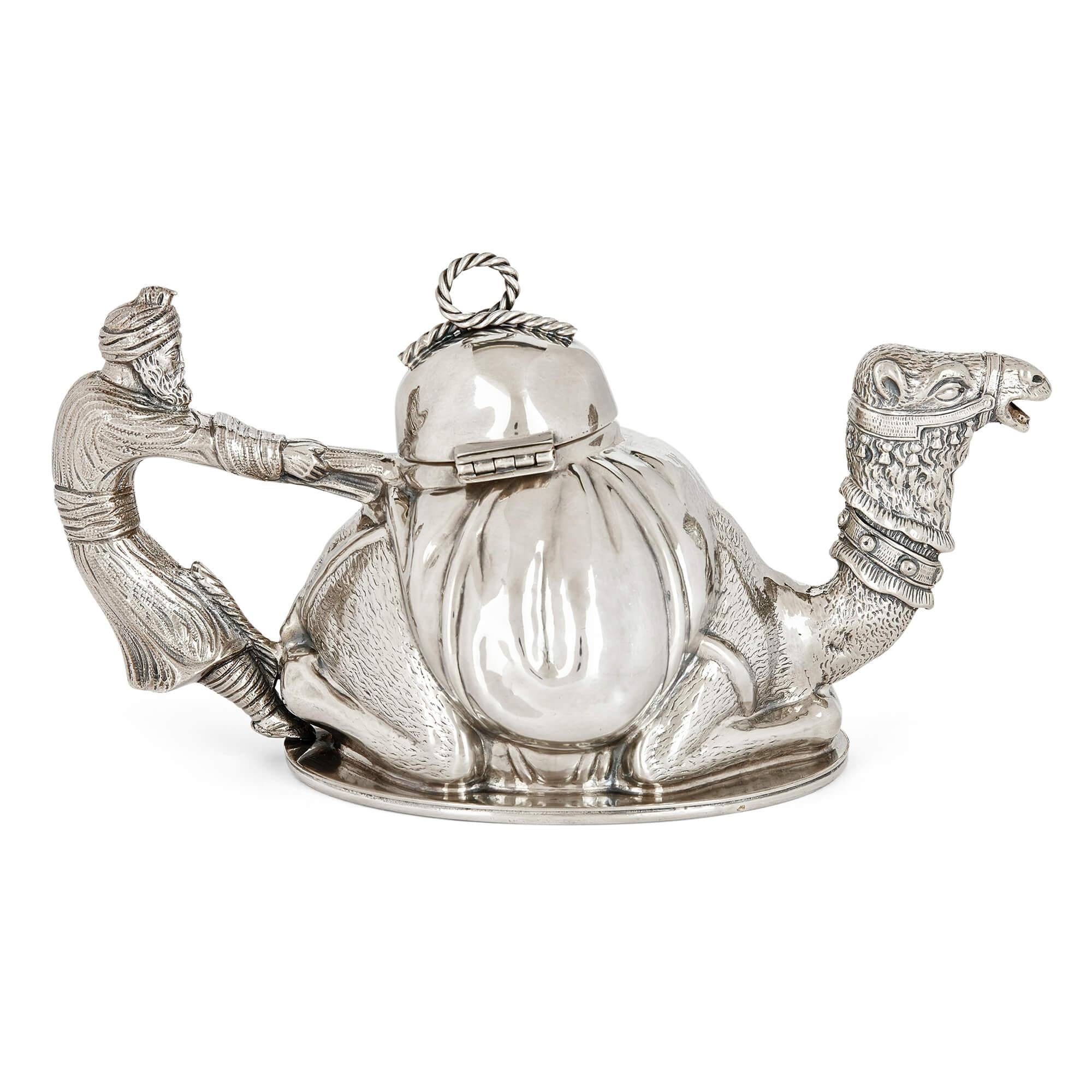 Islamic French Silver-Plated Teapot with Camel Design  For Sale