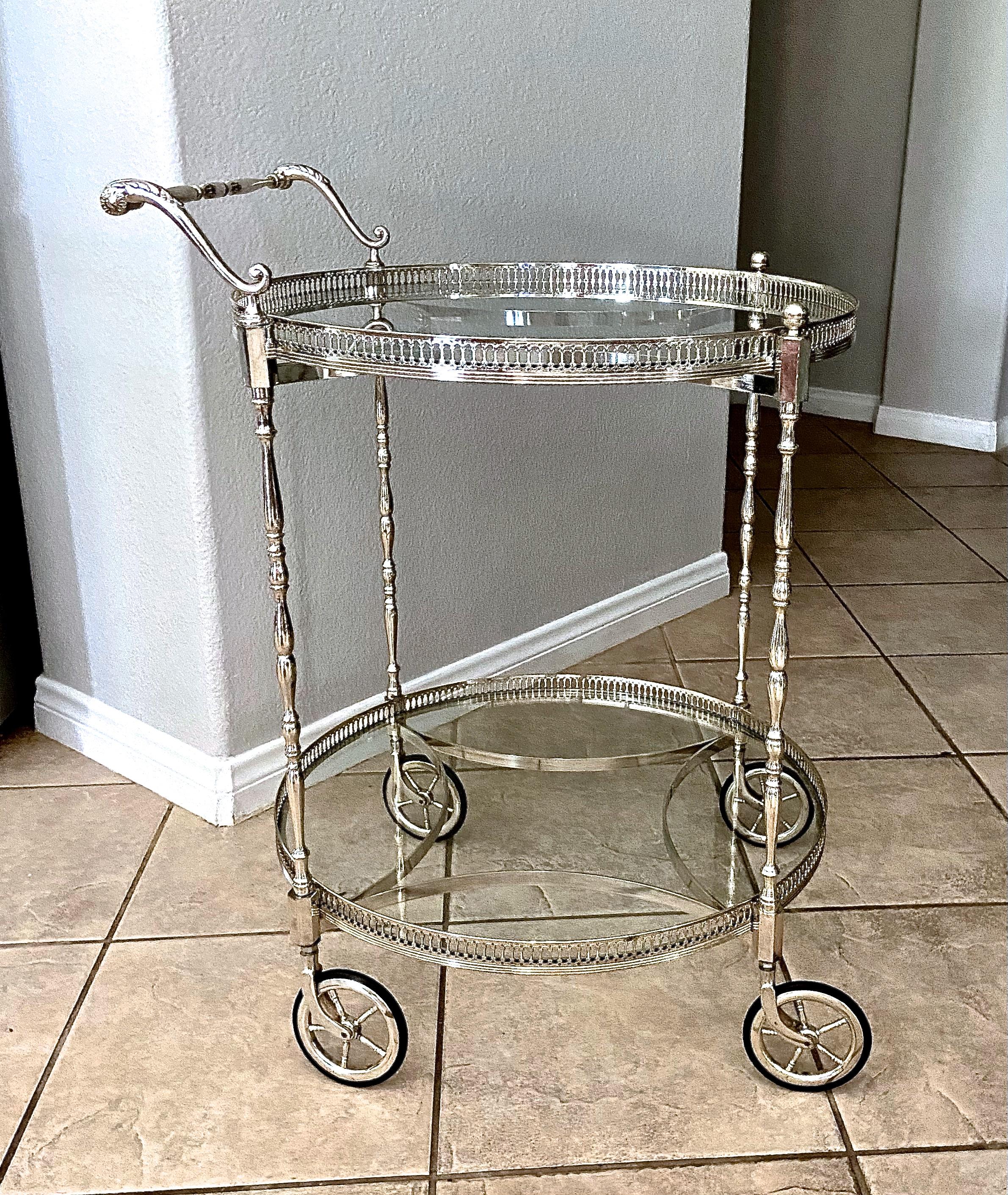 French Nickel Plated Two-Tier Bar Cart In Good Condition In Palm Springs, CA
