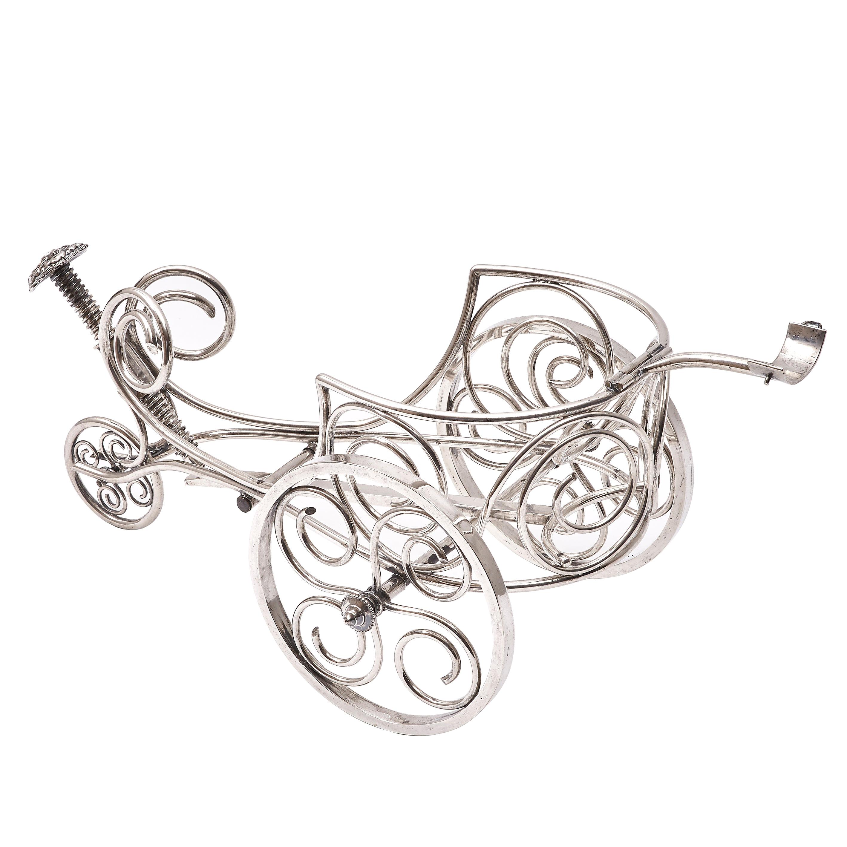 French Silver Plated Wirework Wine Bottle Carriage and Pourer, circa 1880 For Sale