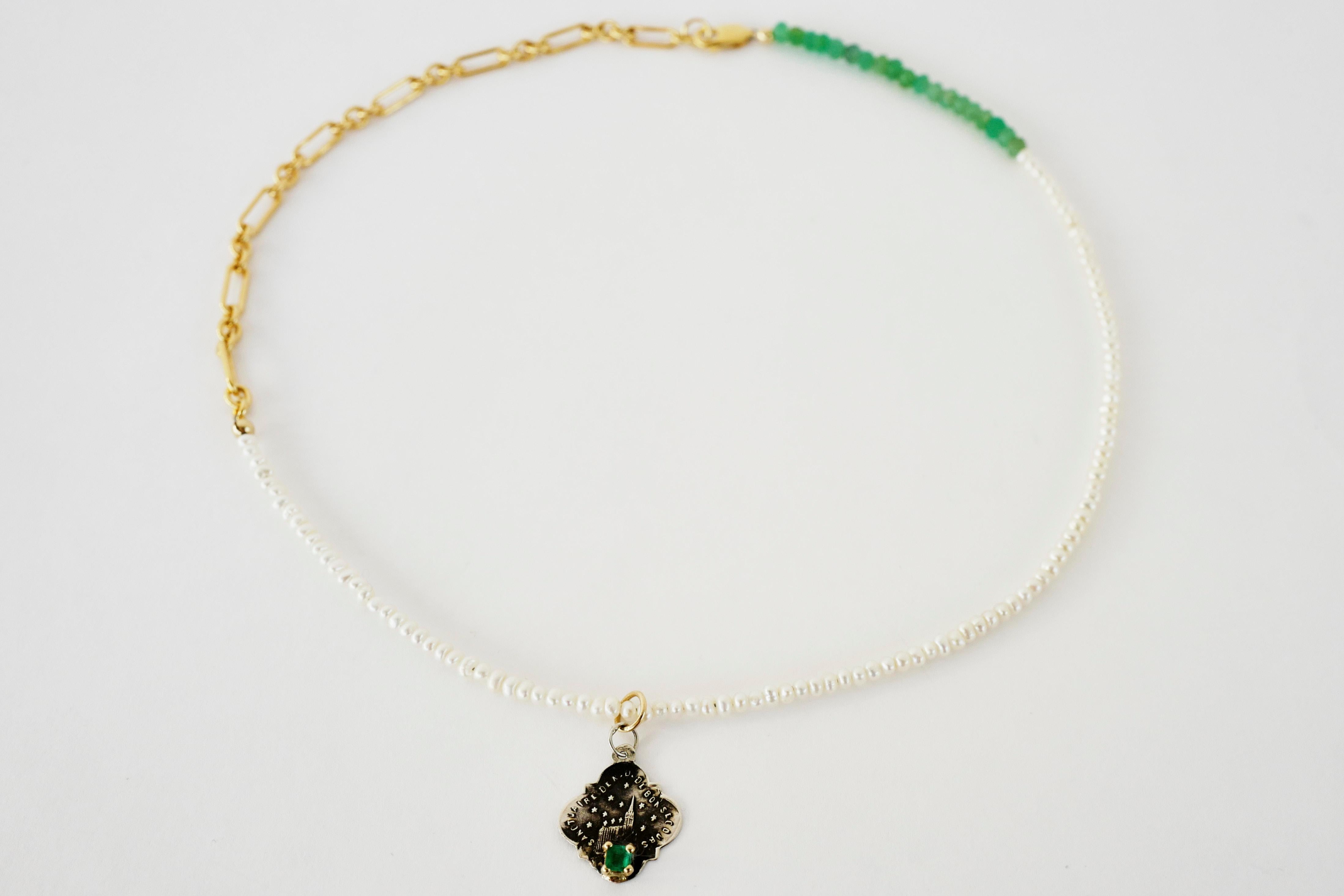 Romantic Emerald White Pearl French Silver Spiritual Medal Pendant Chain Necklace