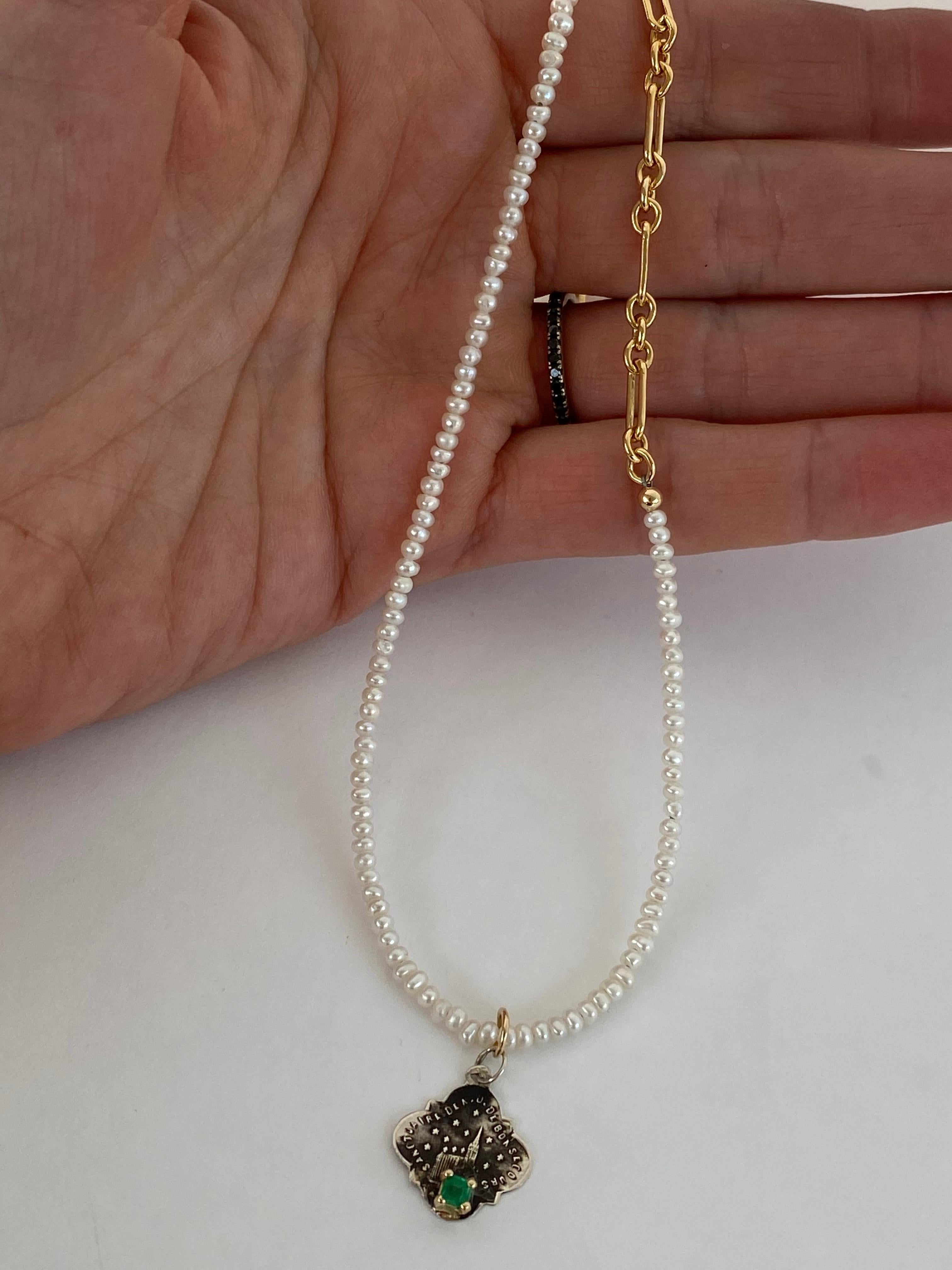 Emerald Cut Emerald White Pearl French Silver Spiritual Medal Pendant Chain Necklace