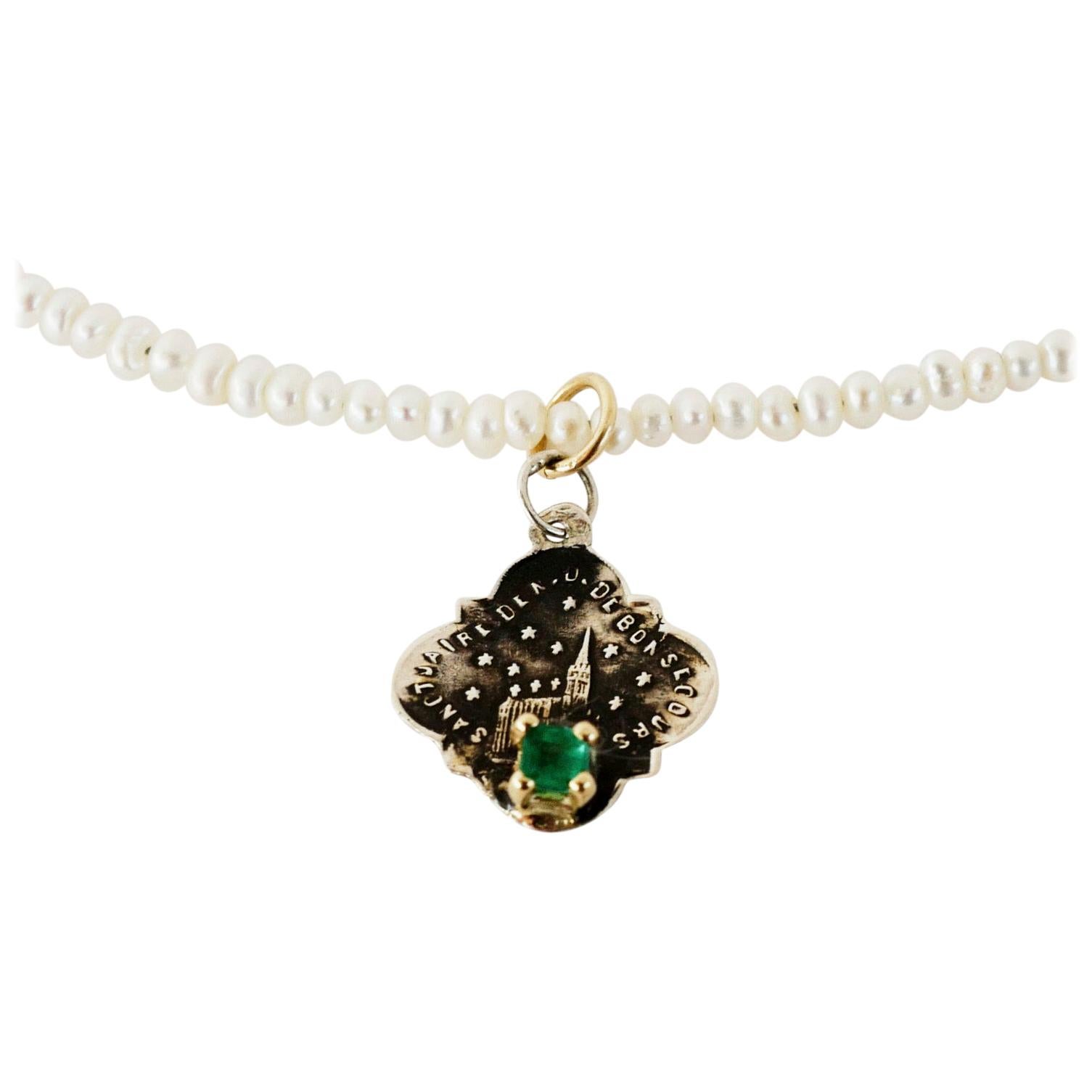 Emerald White Pearl French Silver Spiritual Medal Pendant Chain Necklace