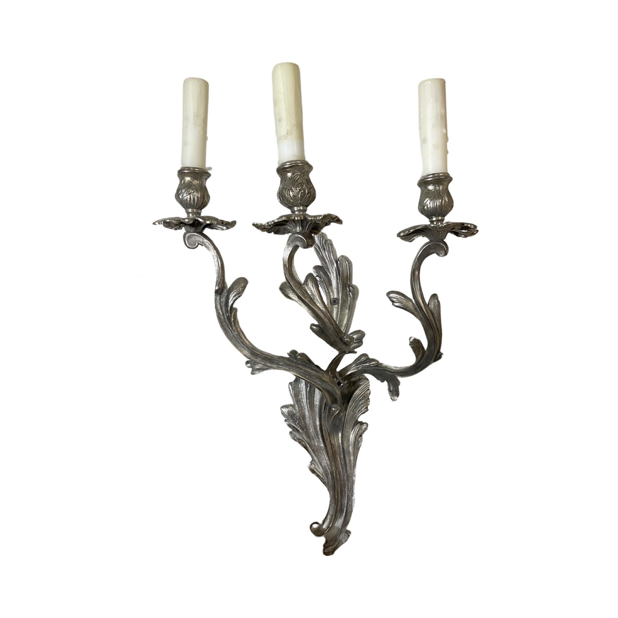 French Silver Sconces In Good Condition For Sale In Dallas, TX