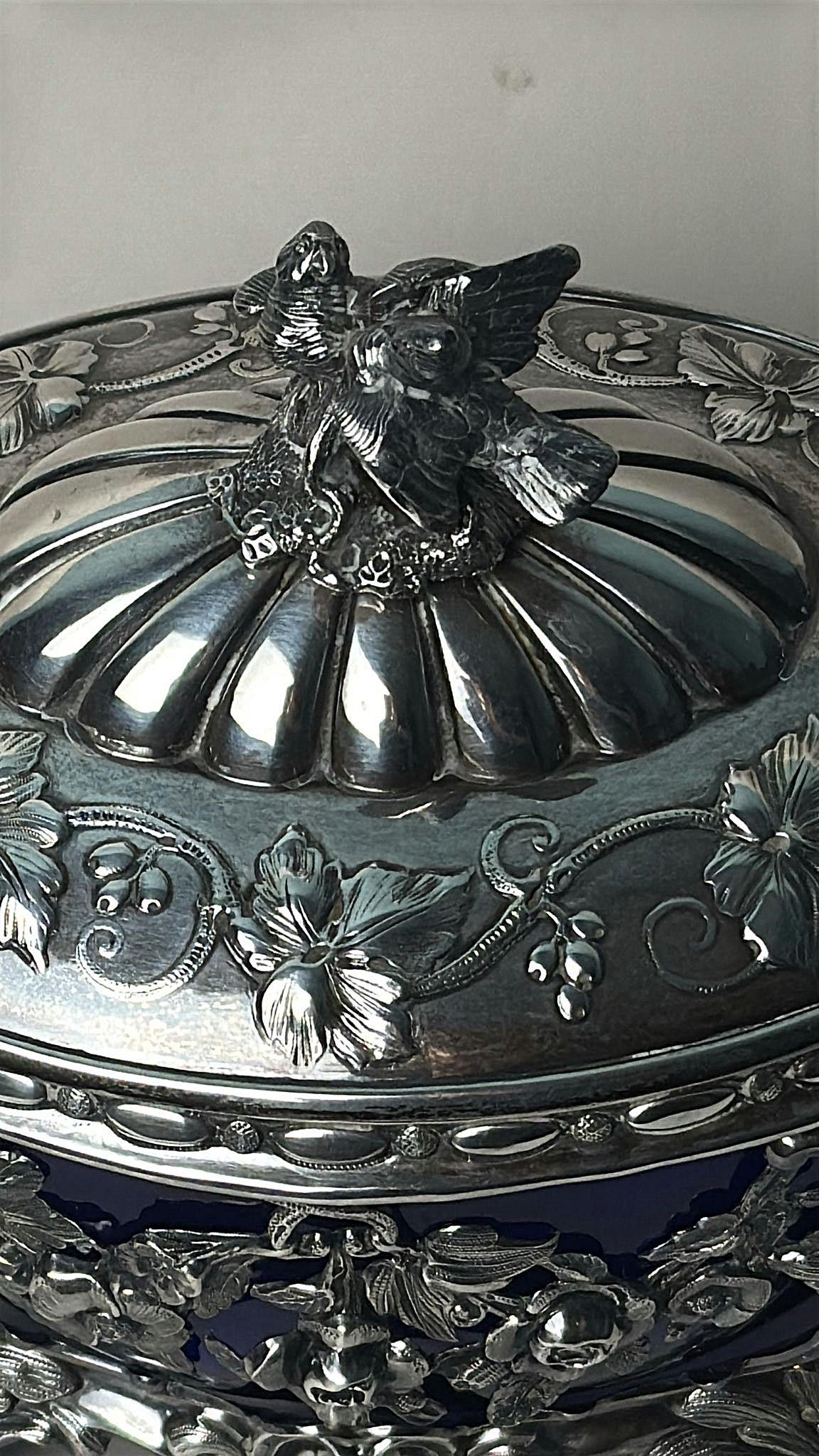 Französisch Silber Zuckerdose mit kobaltblauem Glas Liner Export Mark im Angebot 7