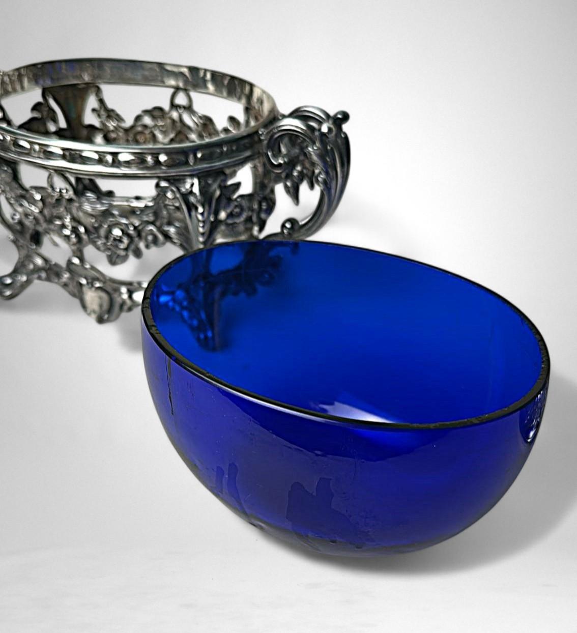 Französisch Silber Zuckerdose mit kobaltblauem Glas Liner Export Mark im Angebot 10