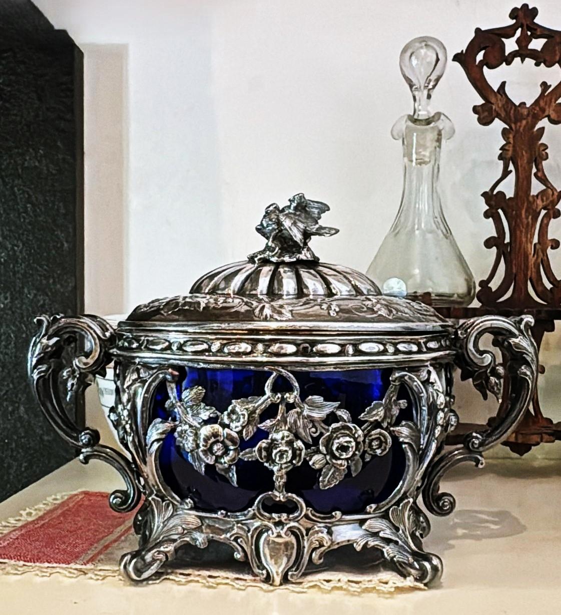 Französisch Silber Zuckerdose mit kobaltblauem Glas Liner Export Mark im Angebot 12