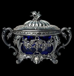 French Silver Sugar Bowl With Cobalt Blue Glass Liner Export Mark