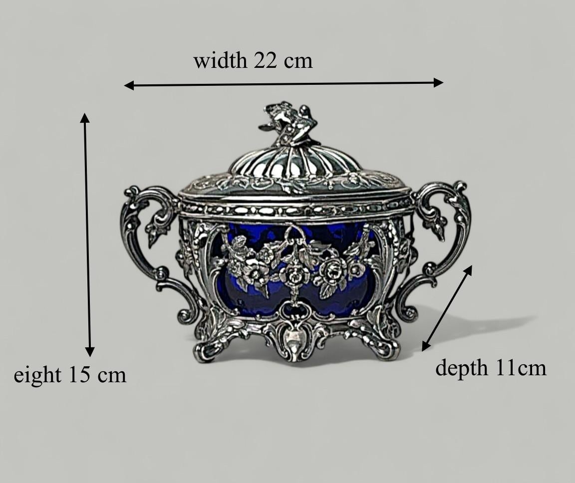Französisch Silber Zuckerdose mit kobaltblauem Glas Liner Export Mark im Angebot 13