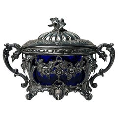 French Silver Sugar Bowl With Cobalt Blue Glass Liner Export Mark