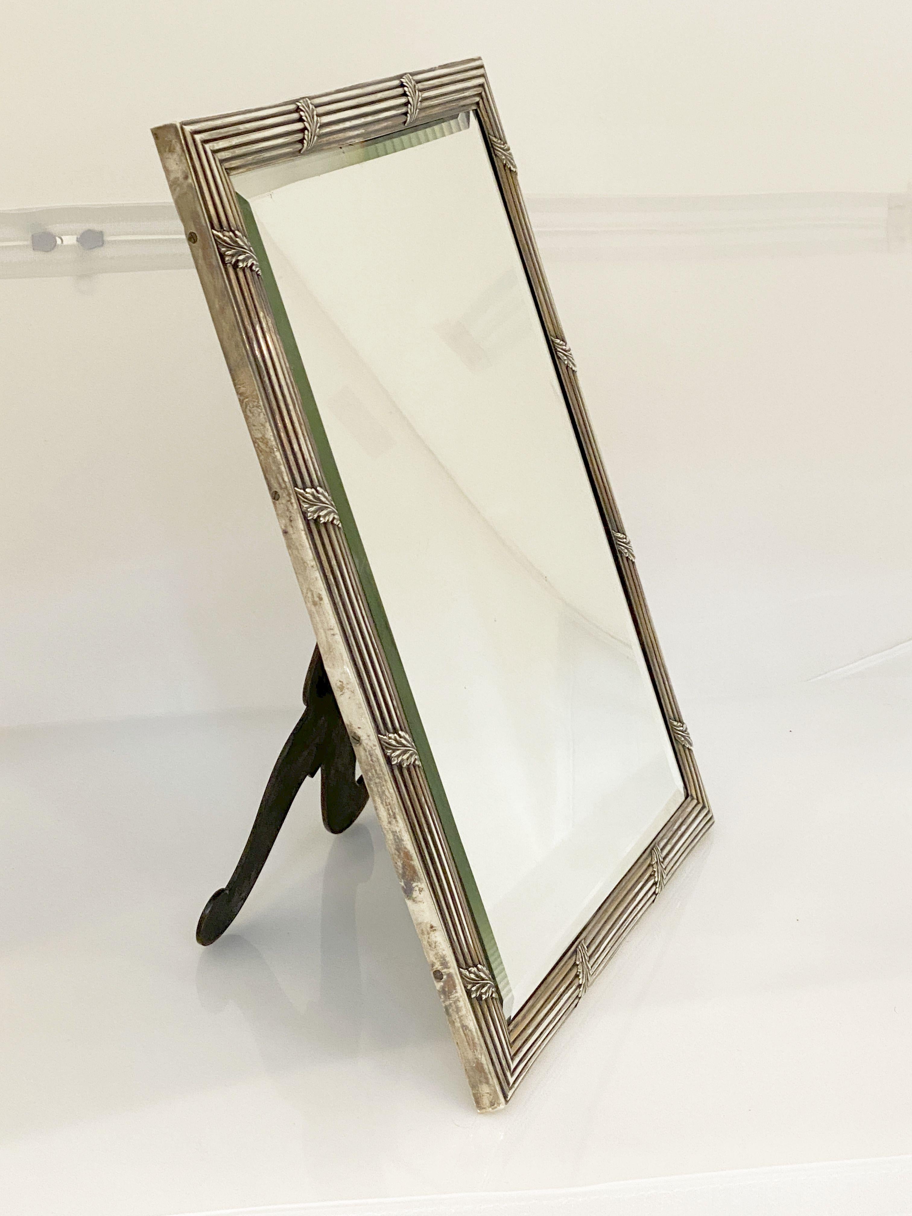 French Silver Vanity or Standing Table Mirror with Beveled Glass For Sale 9