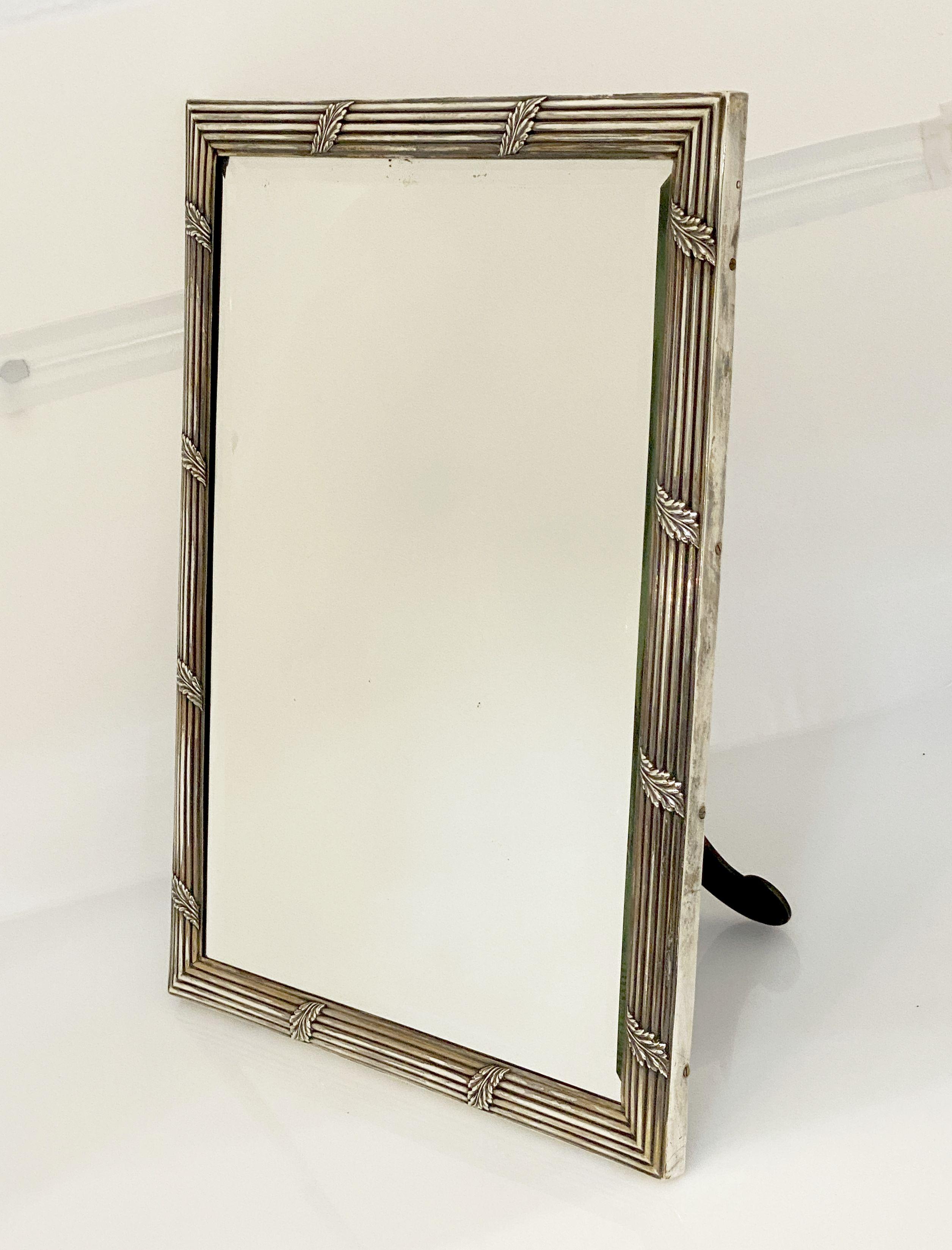 Neoclassical French Silver Vanity or Standing Table Mirror with Beveled Glass For Sale
