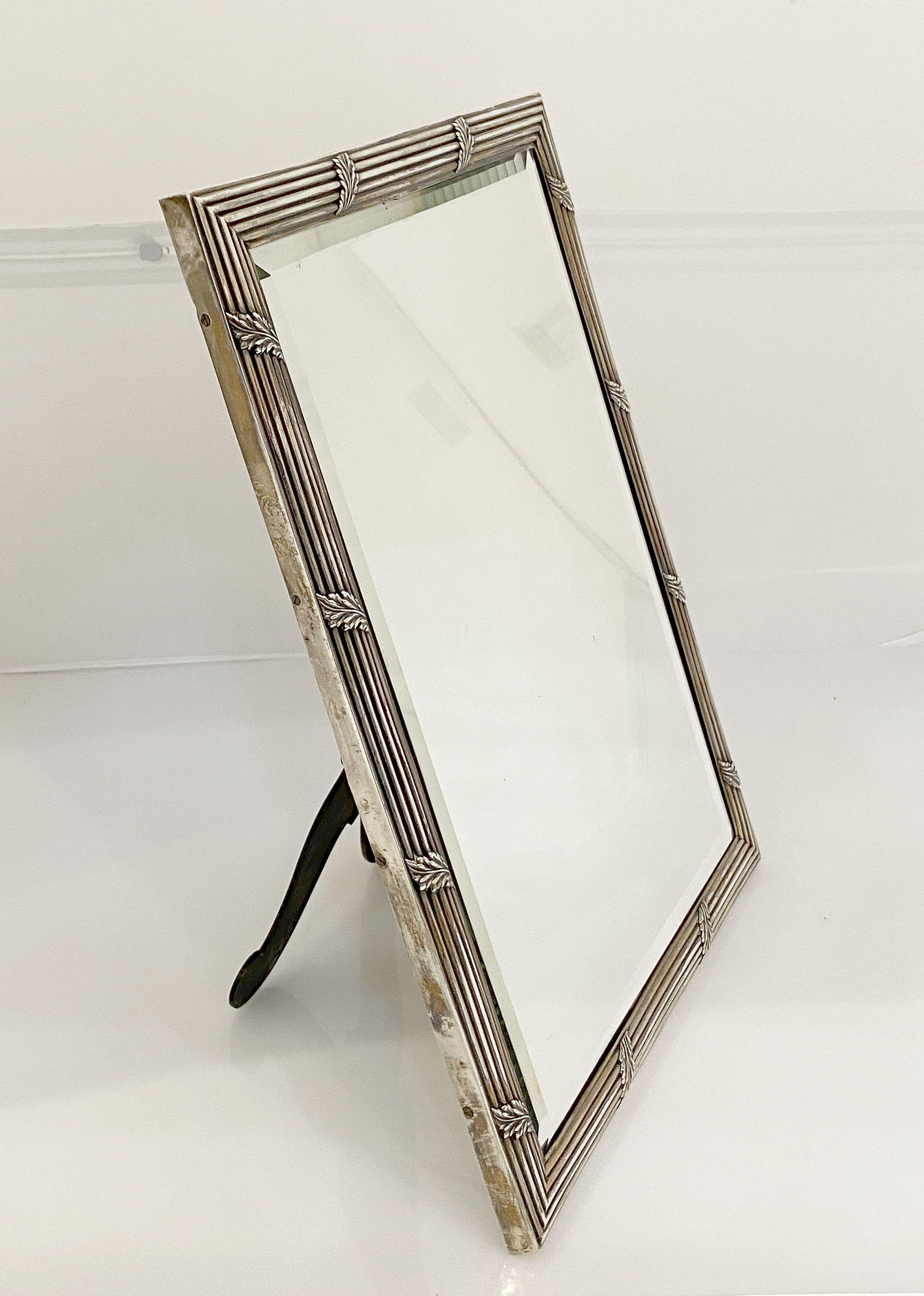 French Silver Vanity or Standing Table Mirror with Beveled Glass For Sale 1