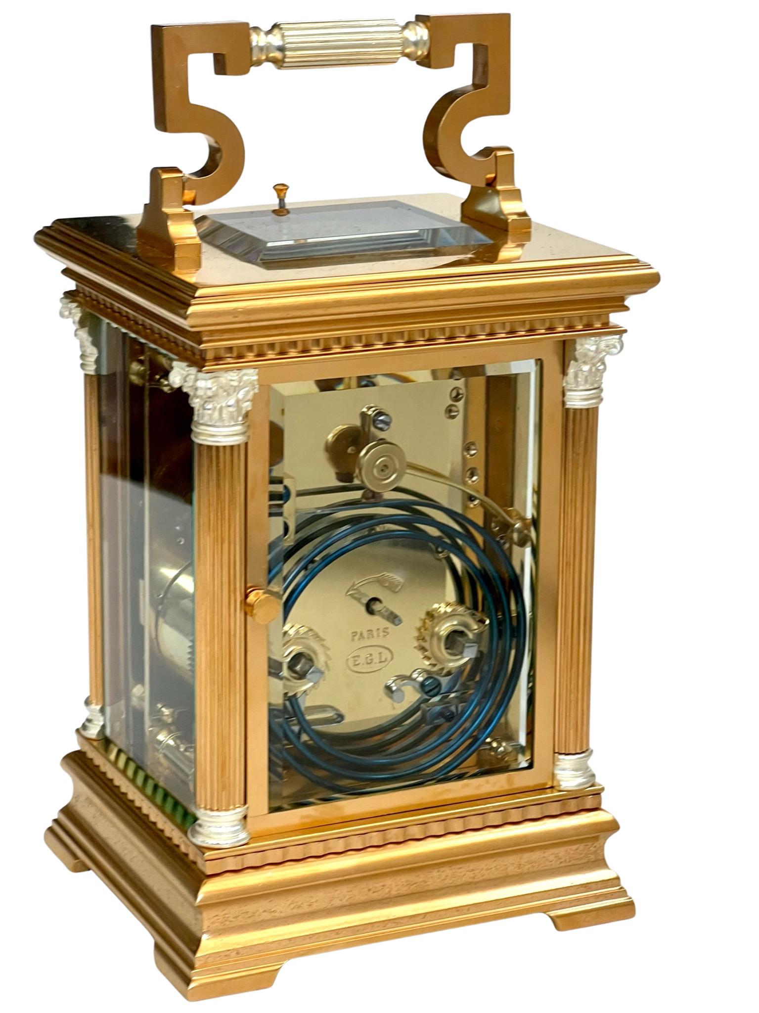 French Silvered and Gilt Eight Day Striking and Repeating Carriage Clock 3