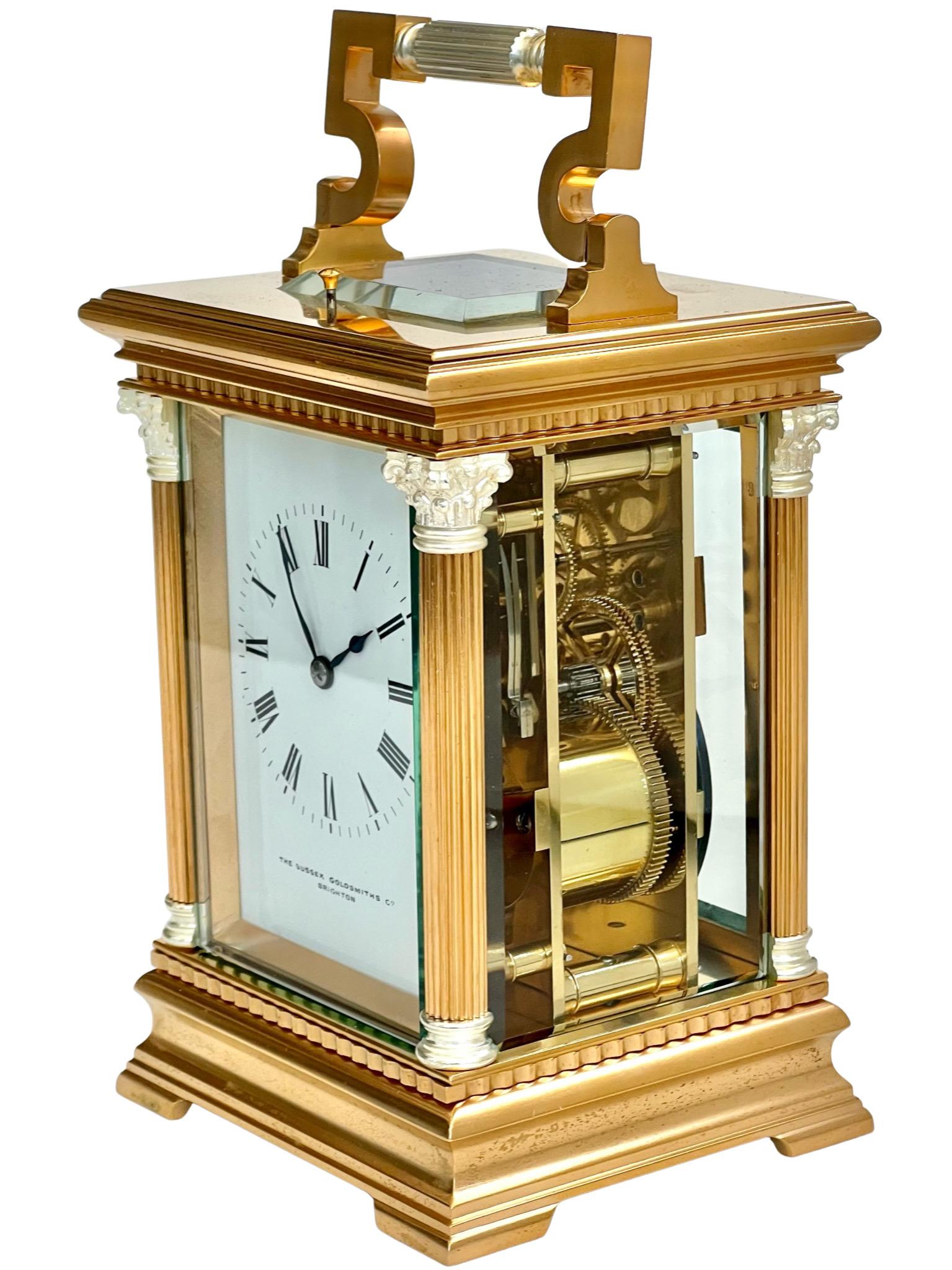 French Silvered and Gilt Eight Day Striking and Repeating Carriage Clock 4