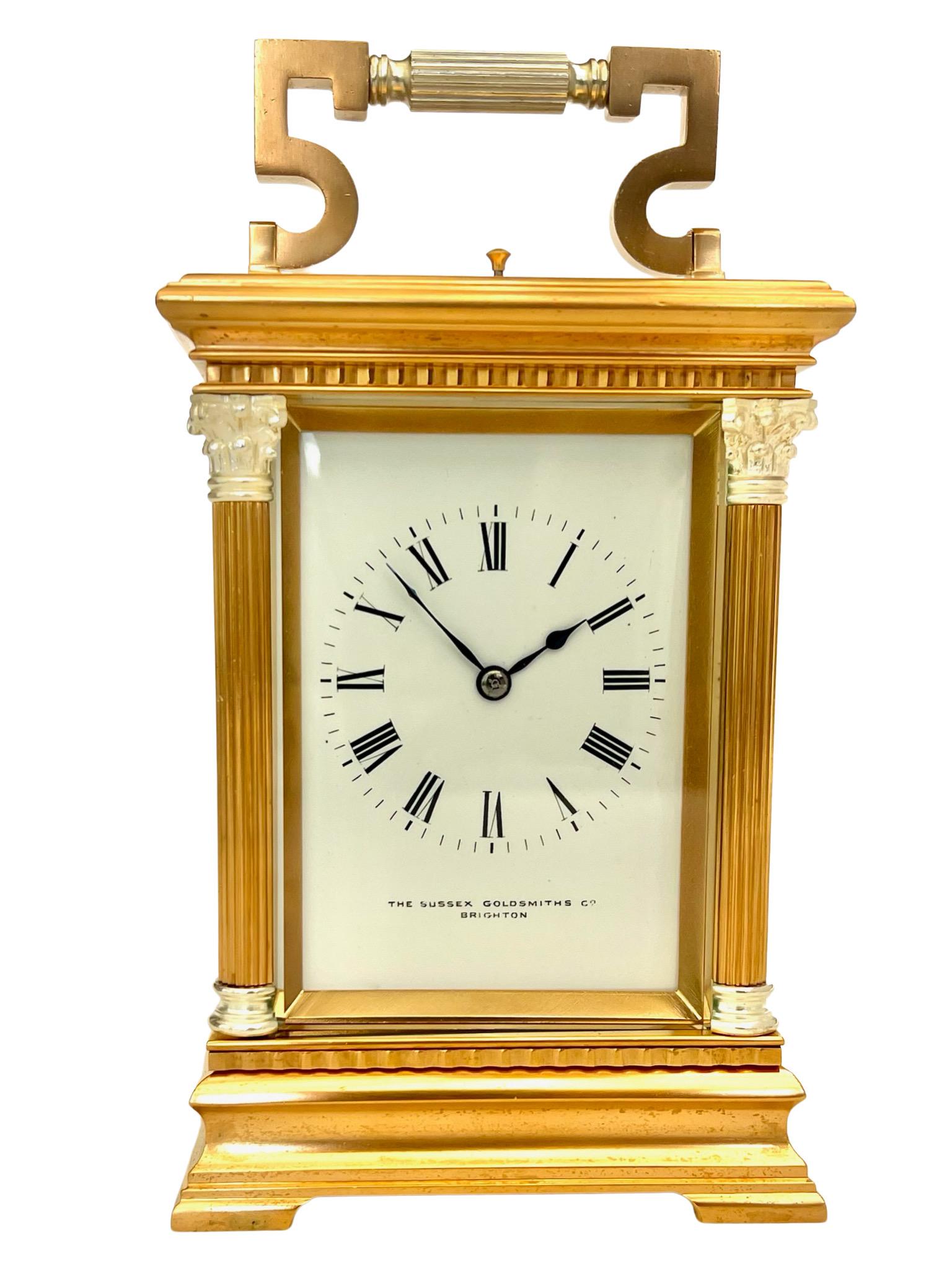 A Substantial French Silvered and Gilt Eight Day Striking and Repeating Carriage clock, E.G.L., Paris. Retailed by The Goldsmiths Company, Brighton

This is a very attractive clock with beautiful cast Corinthian columns and substantial carrying
