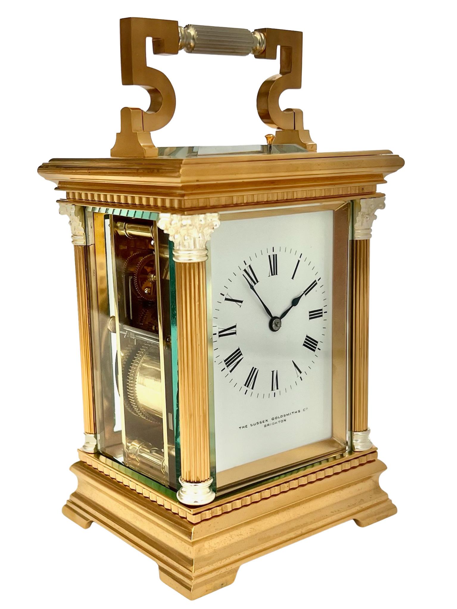 Art Nouveau French Silvered and Gilt Eight Day Striking and Repeating Carriage Clock