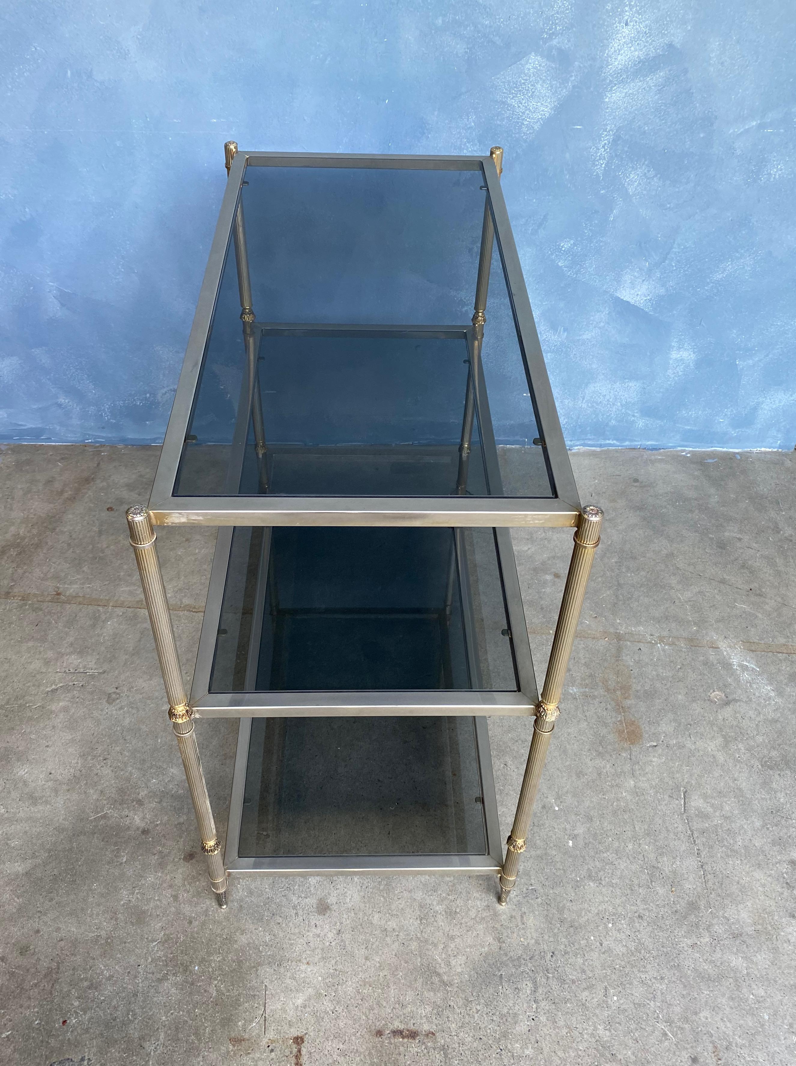 French Silvered Brass Console with Smoked Glass Shelves For Sale 8