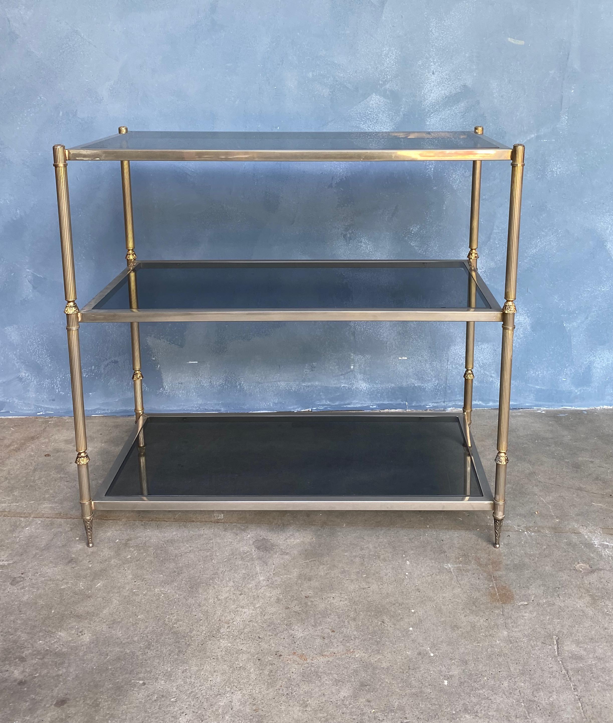 Mid-Century Modern French Silvered Brass Console with Smoked Glass Shelves For Sale