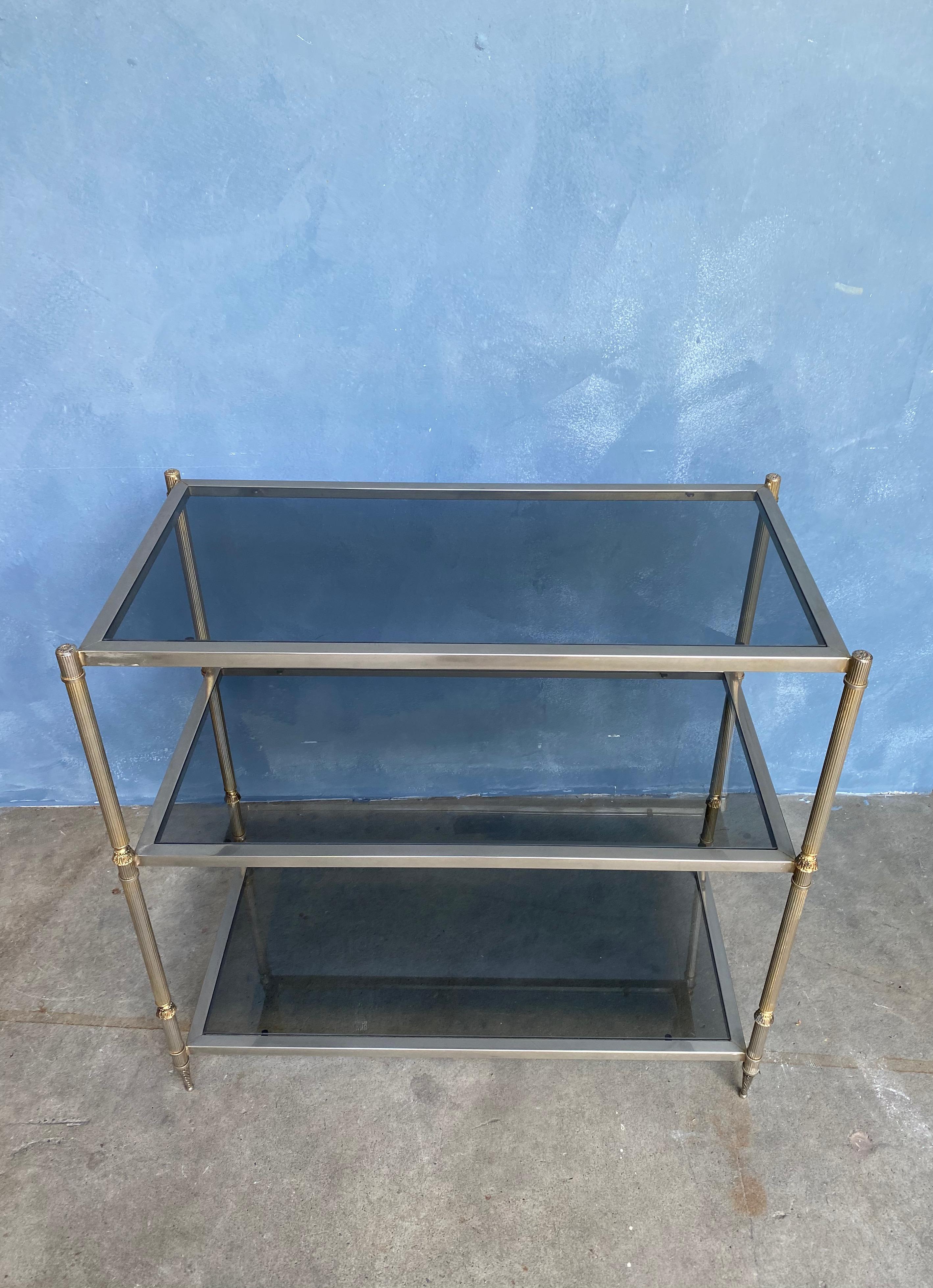 French Silvered Brass Console with Smoked Glass Shelves In Good Condition For Sale In Buchanan, NY