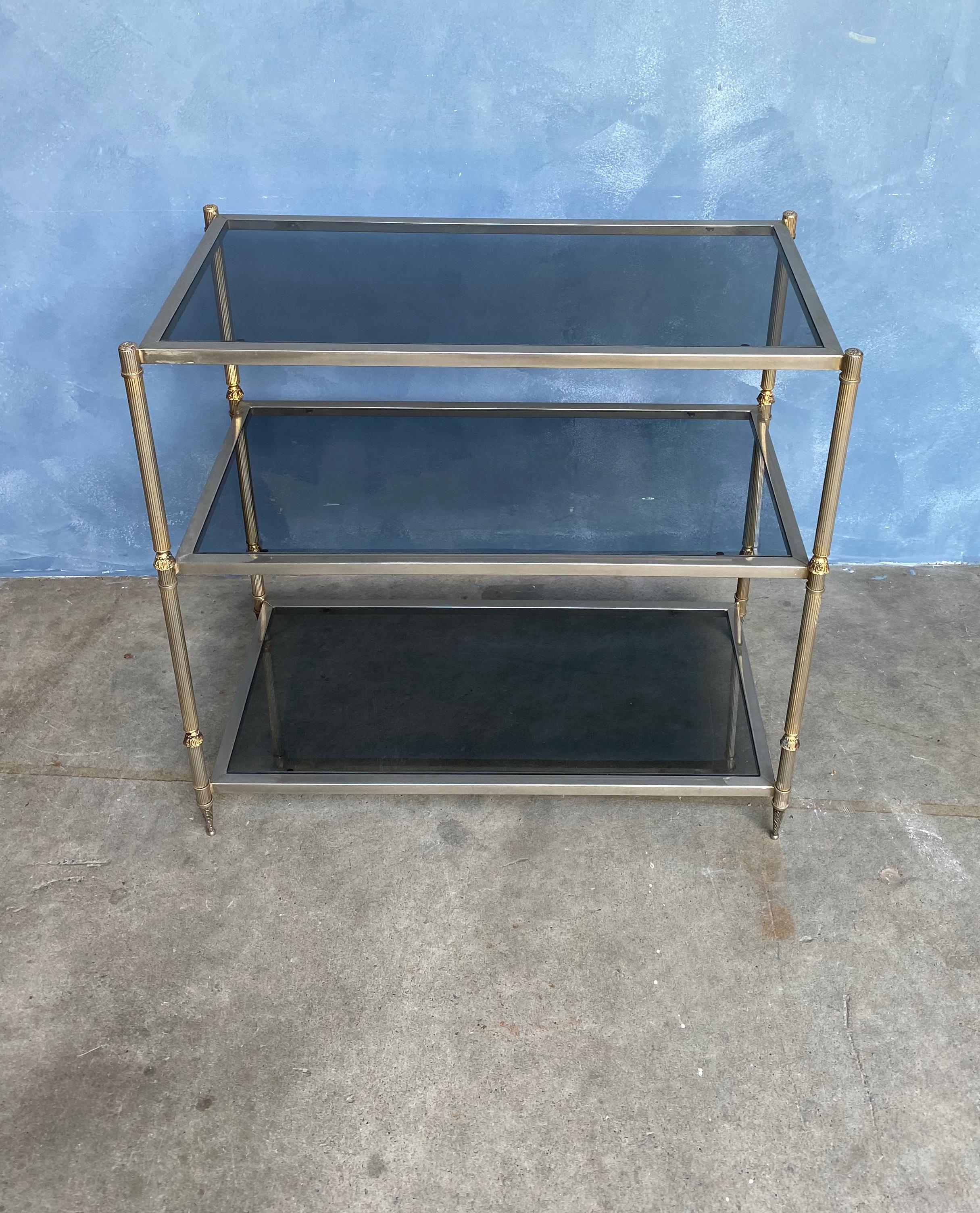 Late 20th Century French Silvered Brass Console with Smoked Glass Shelves For Sale
