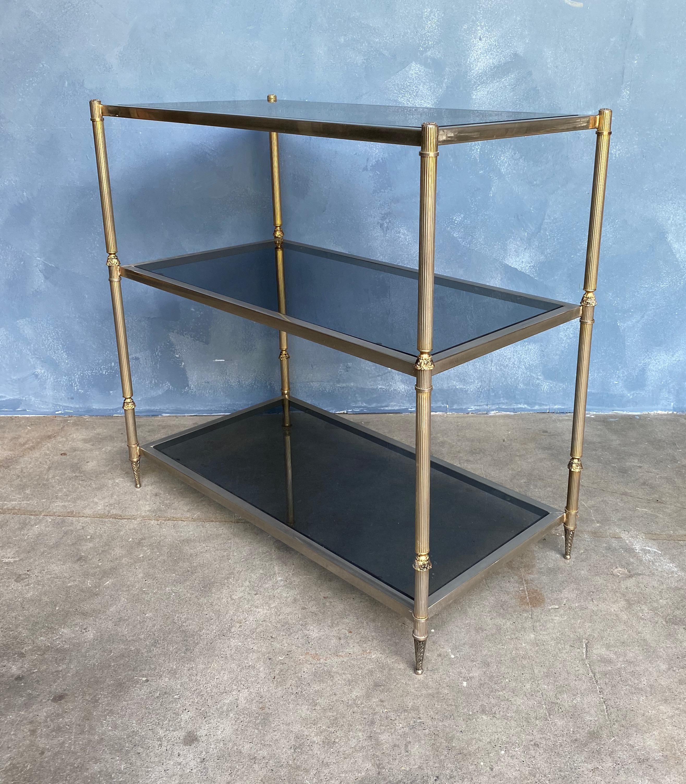 French Silvered Brass Console with Smoked Glass Shelves For Sale 1