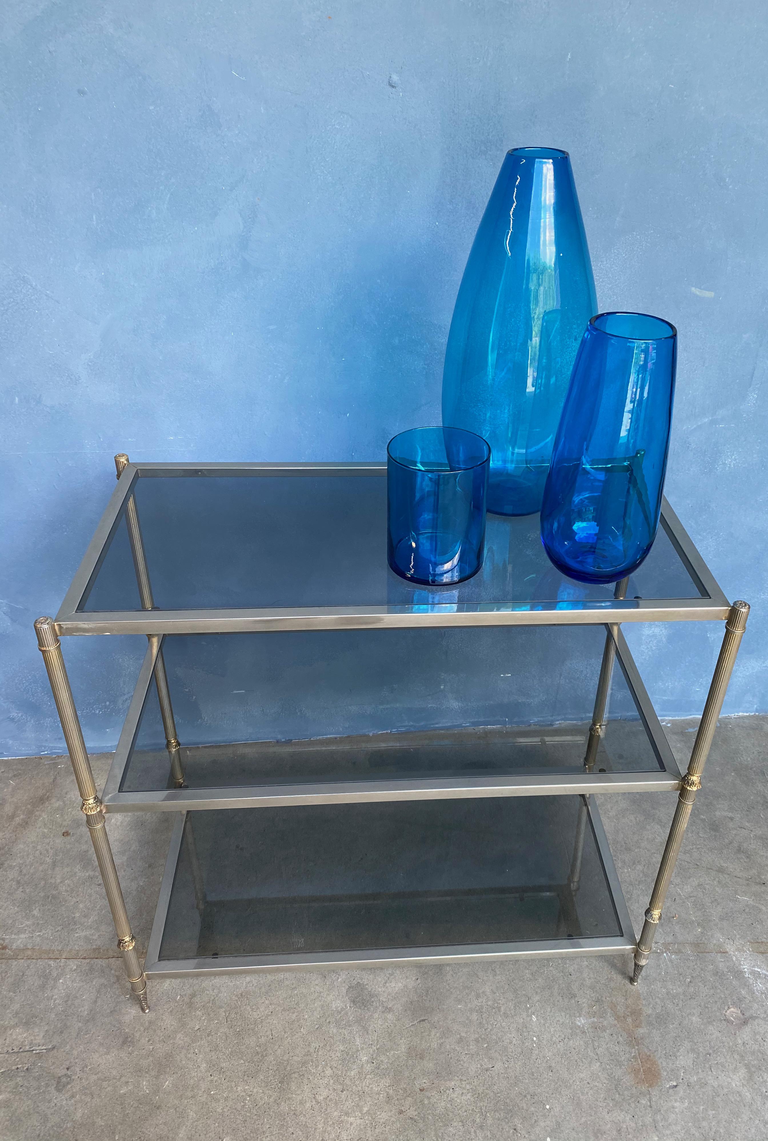 French Silvered Brass Console with Smoked Glass Shelves For Sale 2