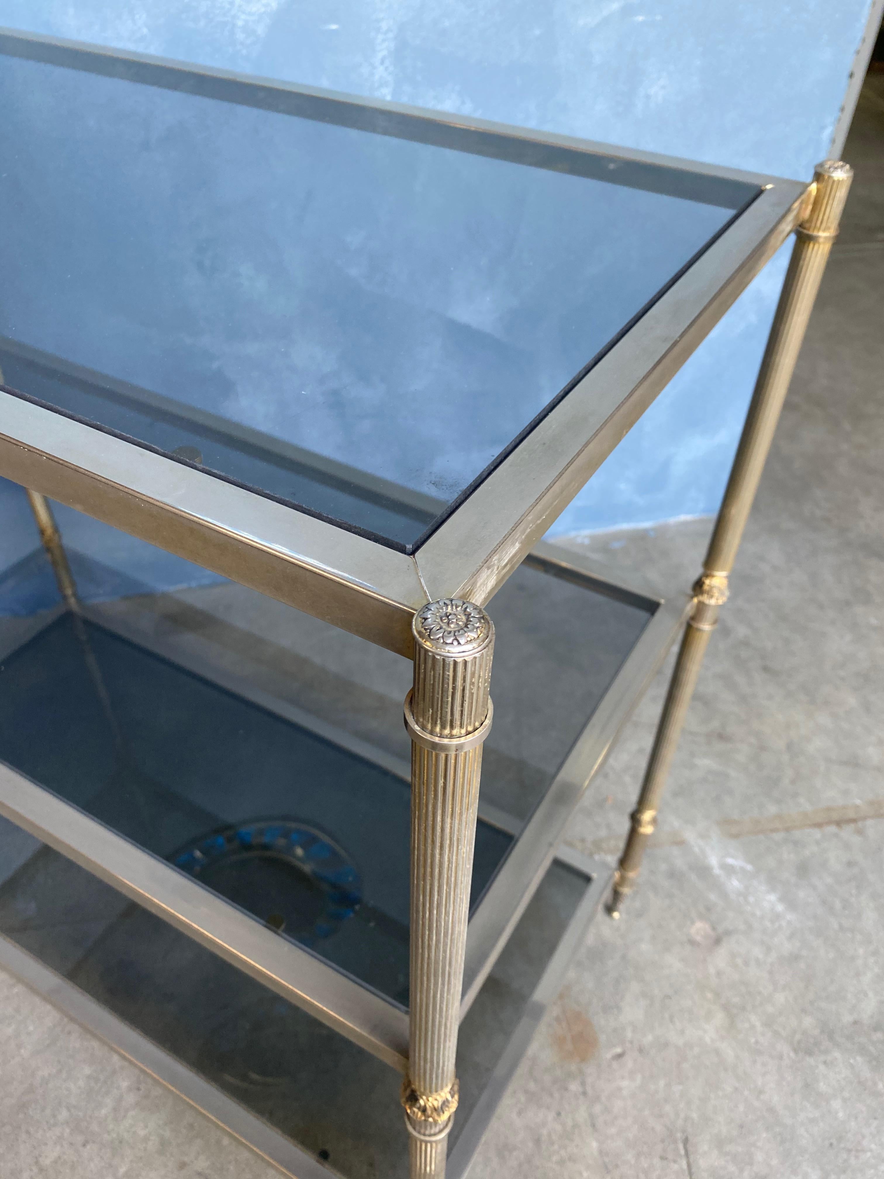 French Silvered Brass Console with Smoked Glass Shelves For Sale 3