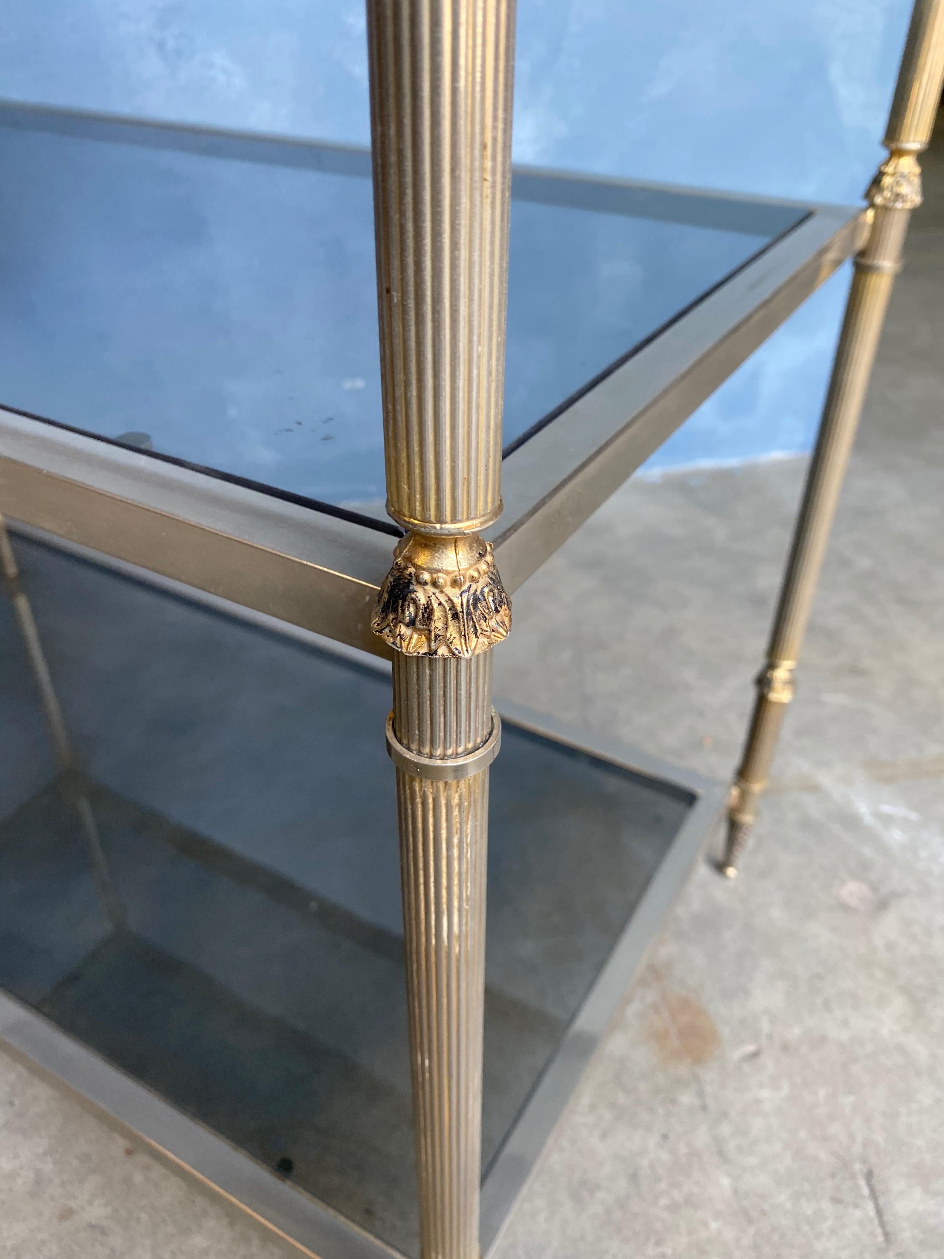 French Silvered Brass Console with Smoked Glass Shelves For Sale 4