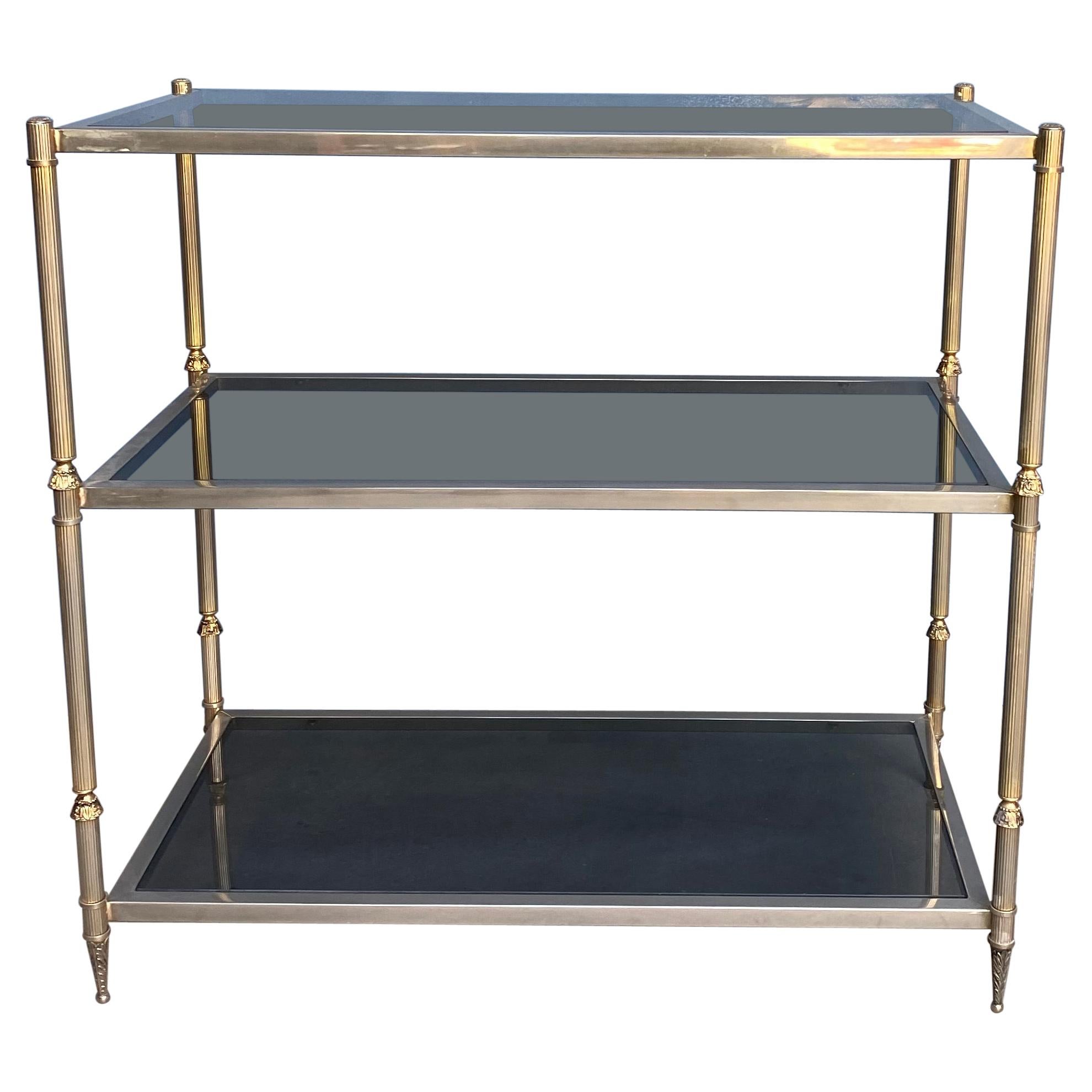 French Silvered Brass Console with Smoked Glass Shelves