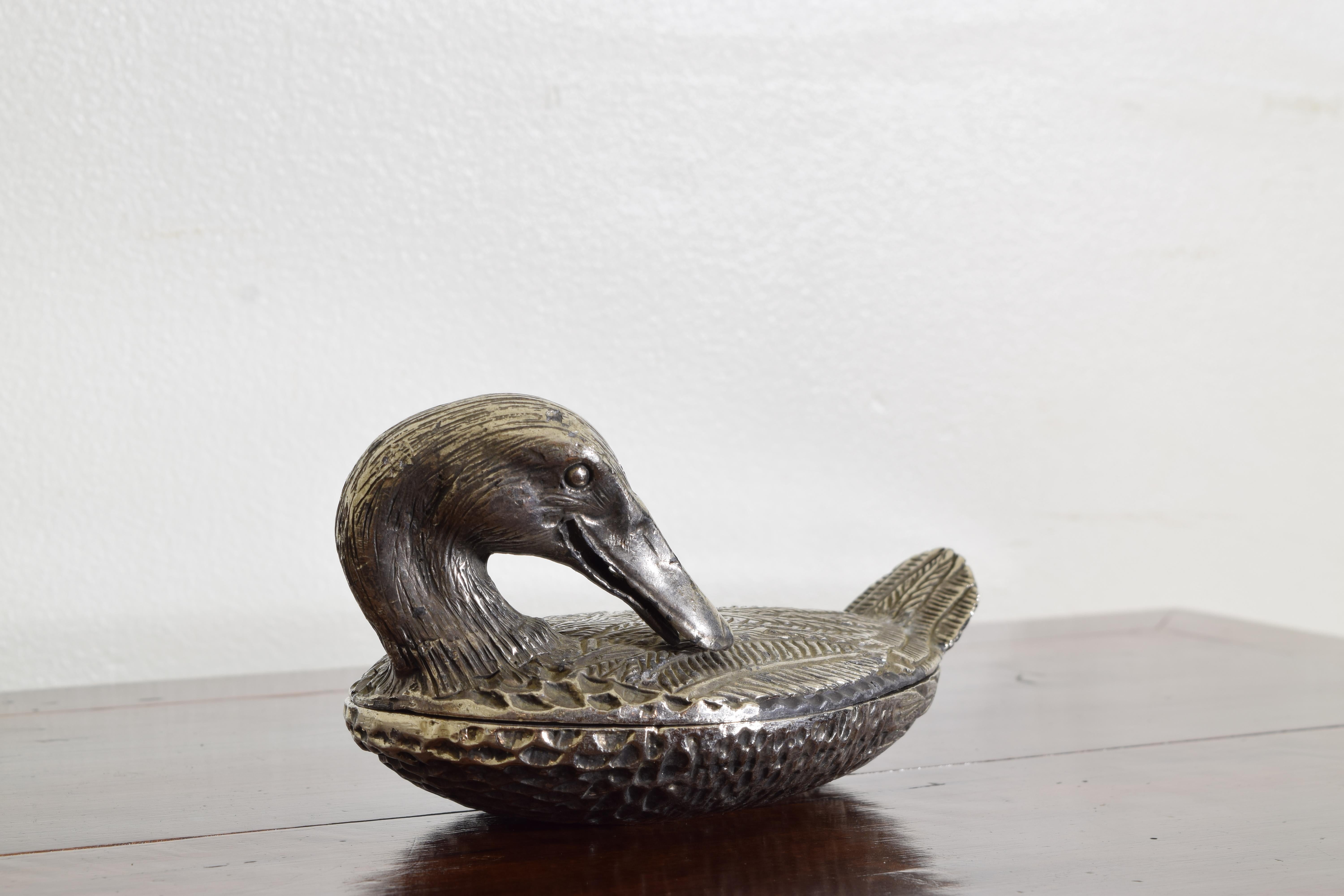 Edwardian French Silvered Brass Recumbent Duck Box, early 20th century For Sale