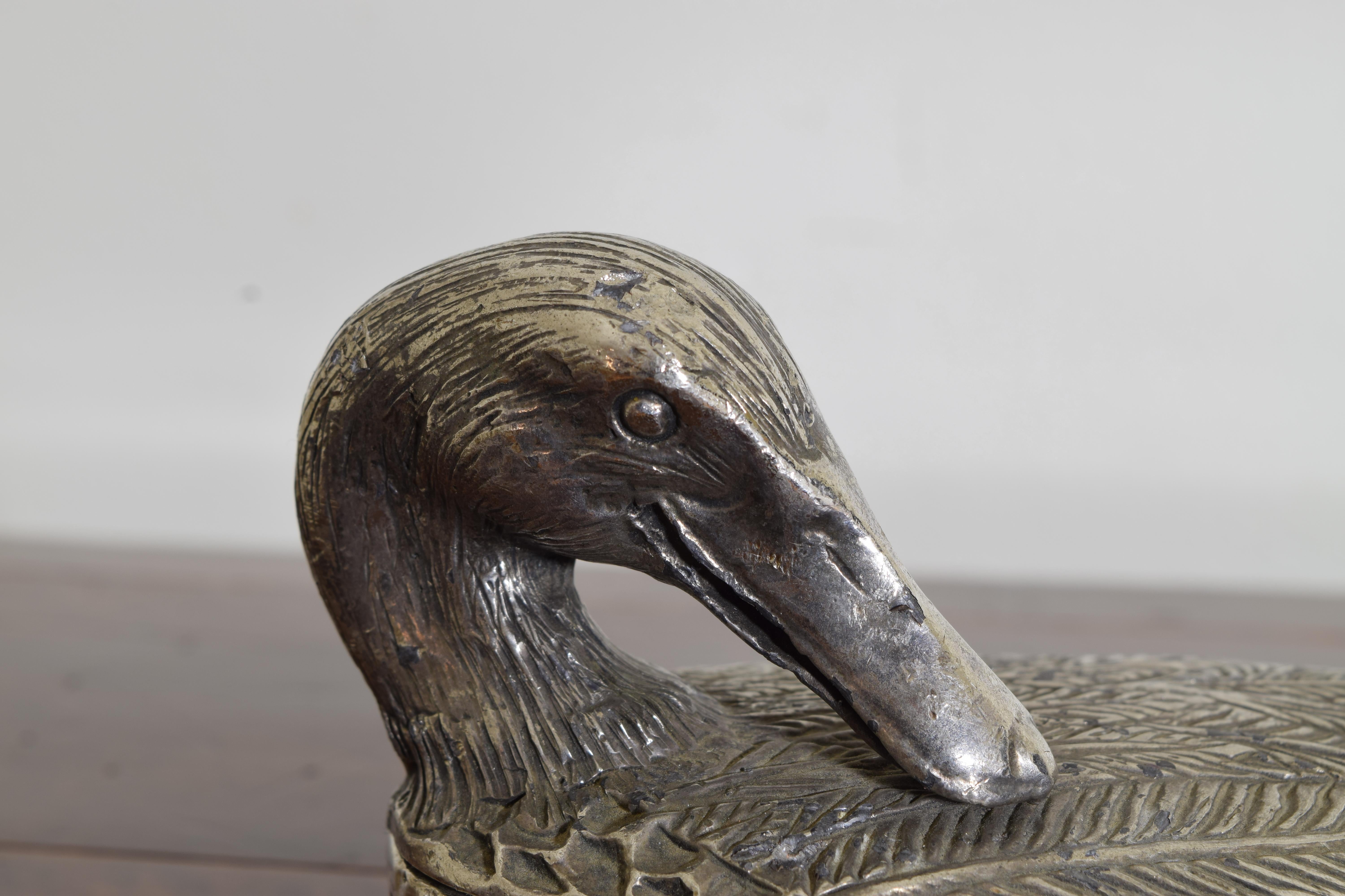 Early 20th Century French Silvered Brass Recumbent Duck Box, early 20th century For Sale