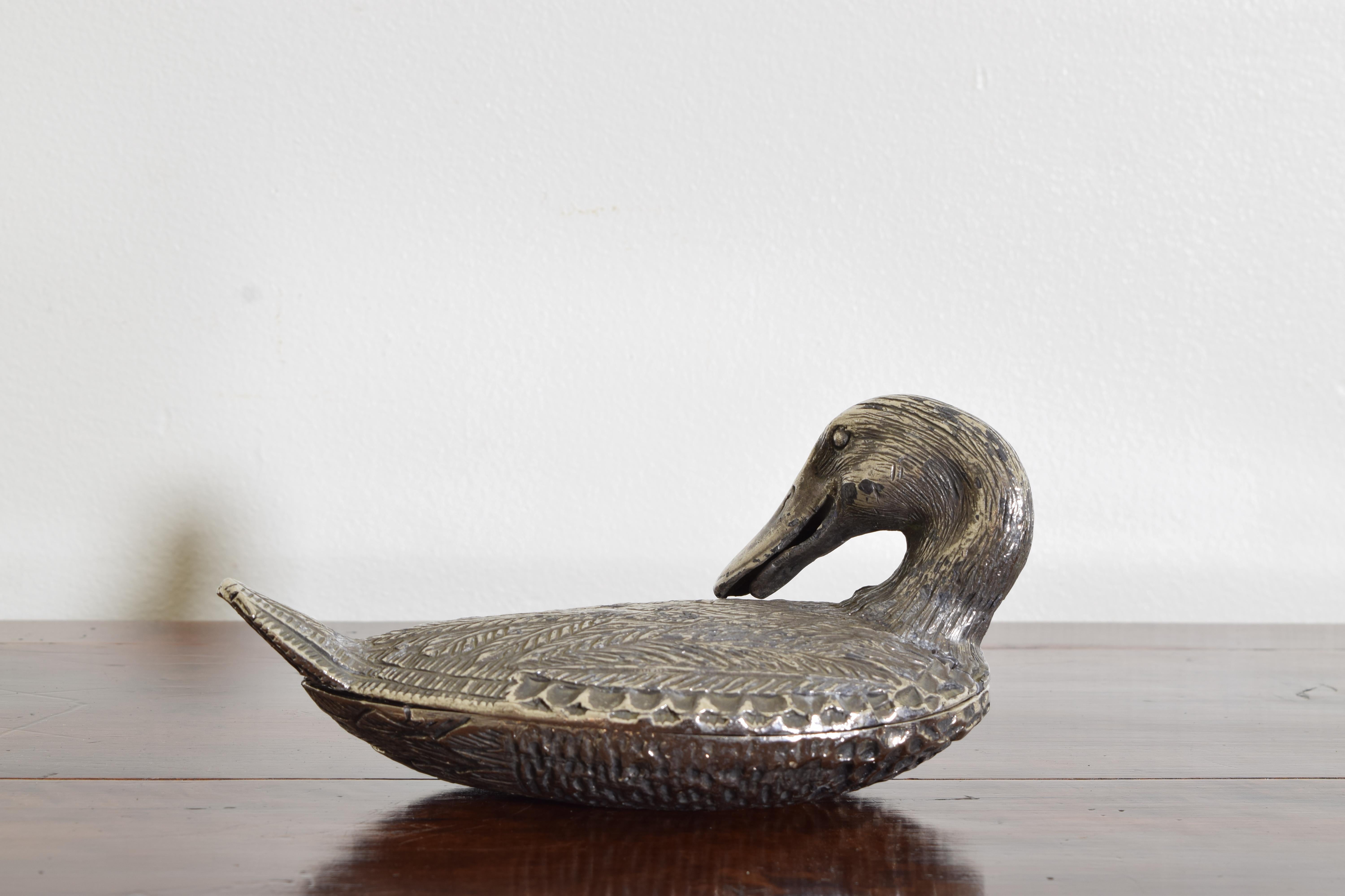 Silver Plate French Silvered Brass Recumbent Duck Box, early 20th century For Sale