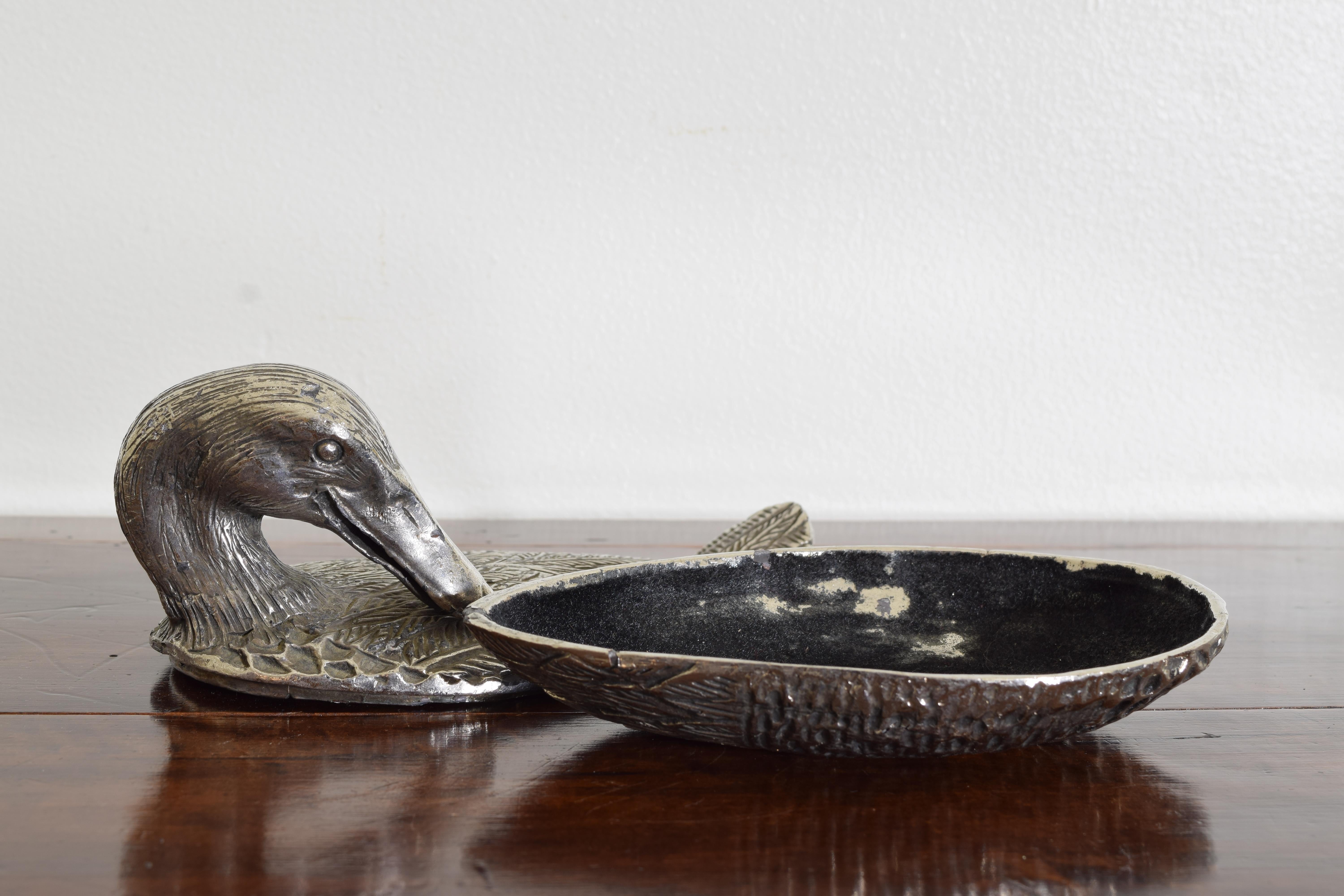 French Silvered Brass Recumbent Duck Box, early 20th century For Sale 2