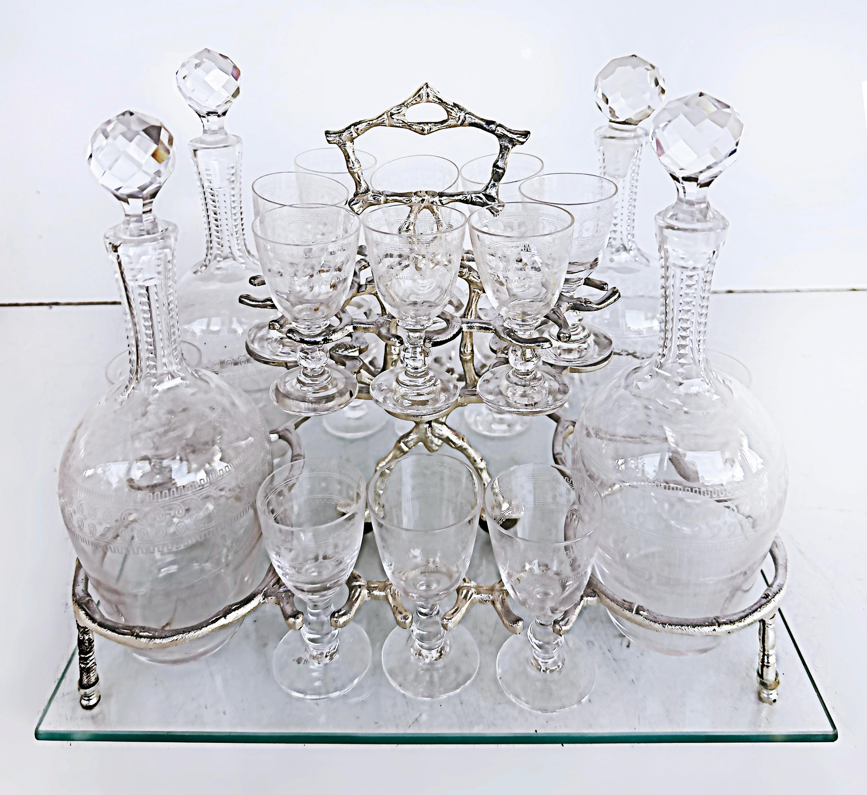 French Silvered Bronze Cut Crystal Tantalus Set, Decanters and Glassware  9