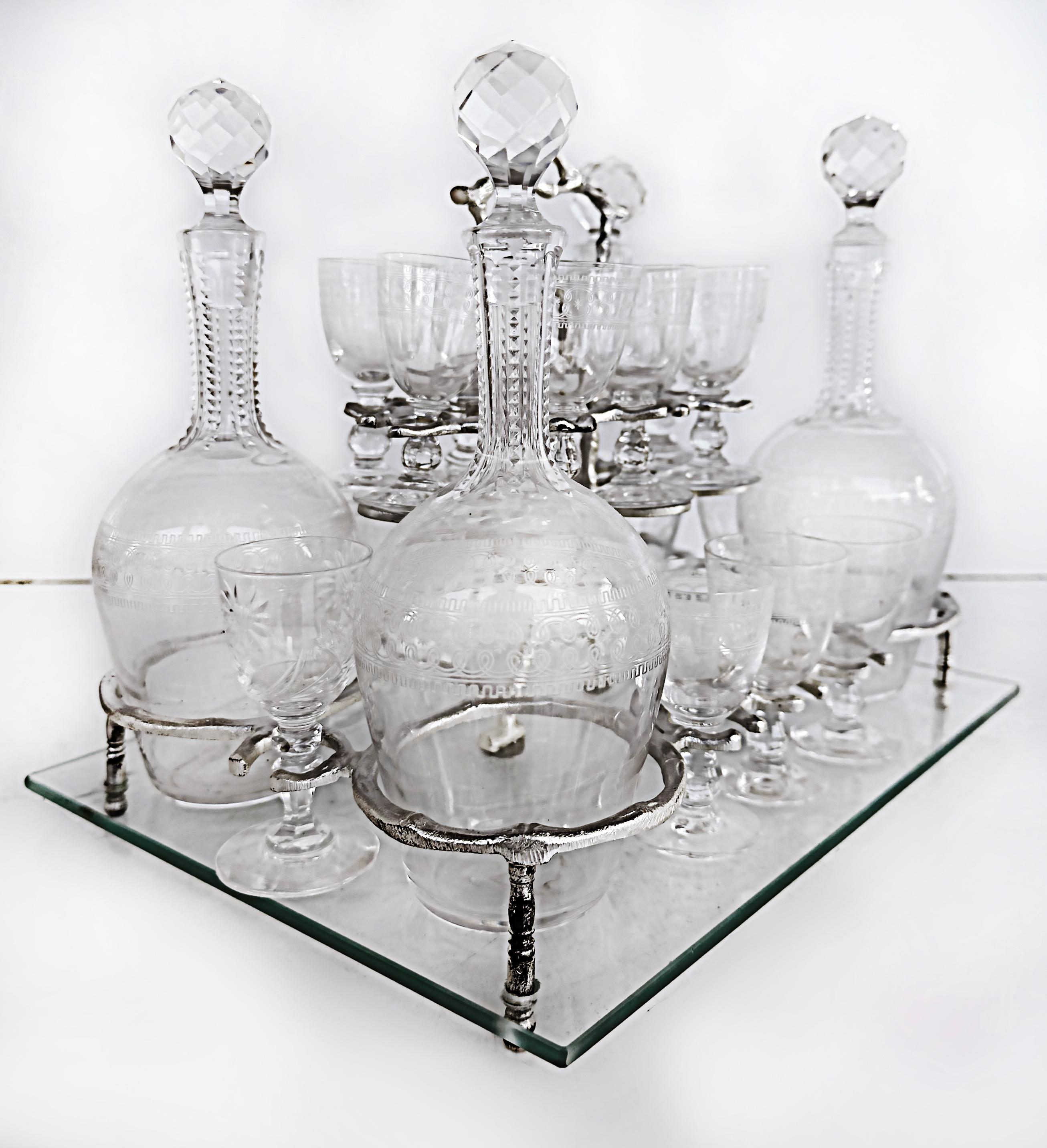 French Silvered Bronze Cut Crystal Tantalus Set, Decanters and Glassware  10
