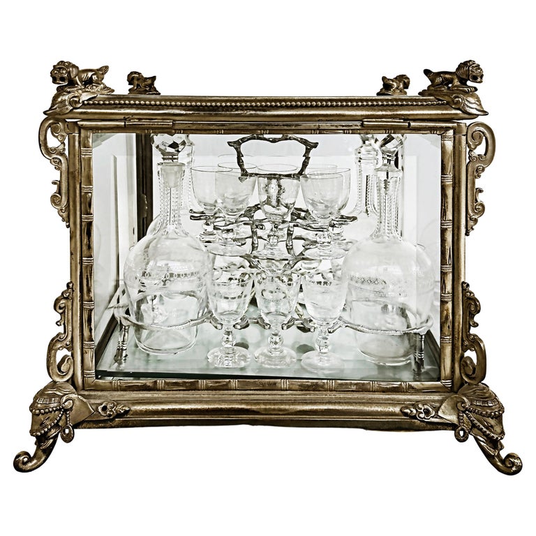 French Silvered Bronze Cut Crystal Tantalus Set, Decanters and