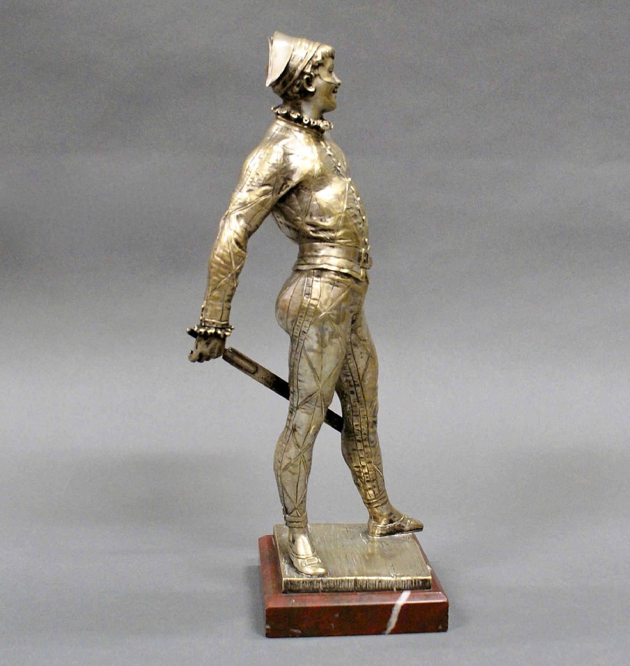 19th Century French Silvered Bronze Figure of a Harlequin