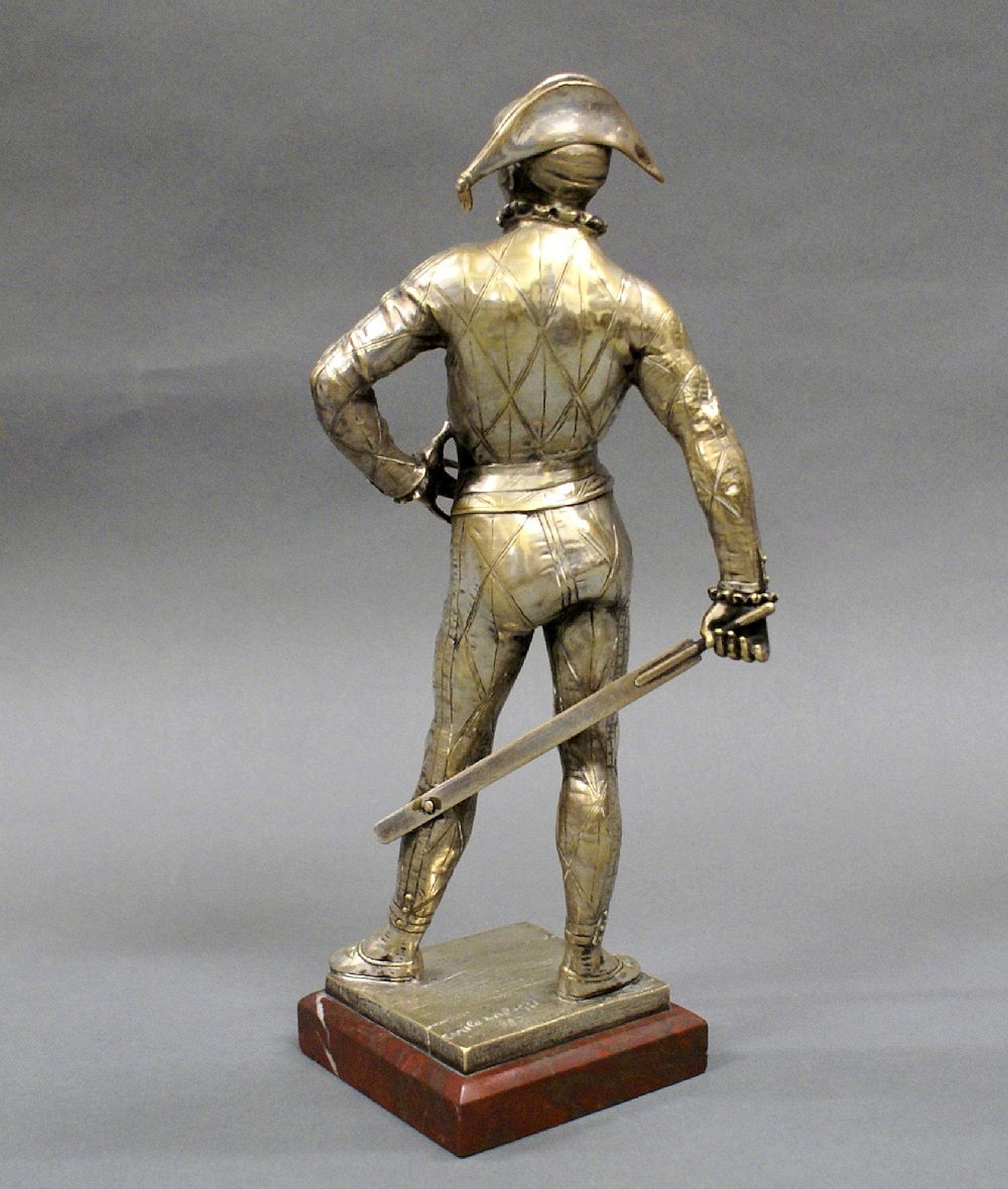 French Silvered Bronze Figure of a Harlequin 1