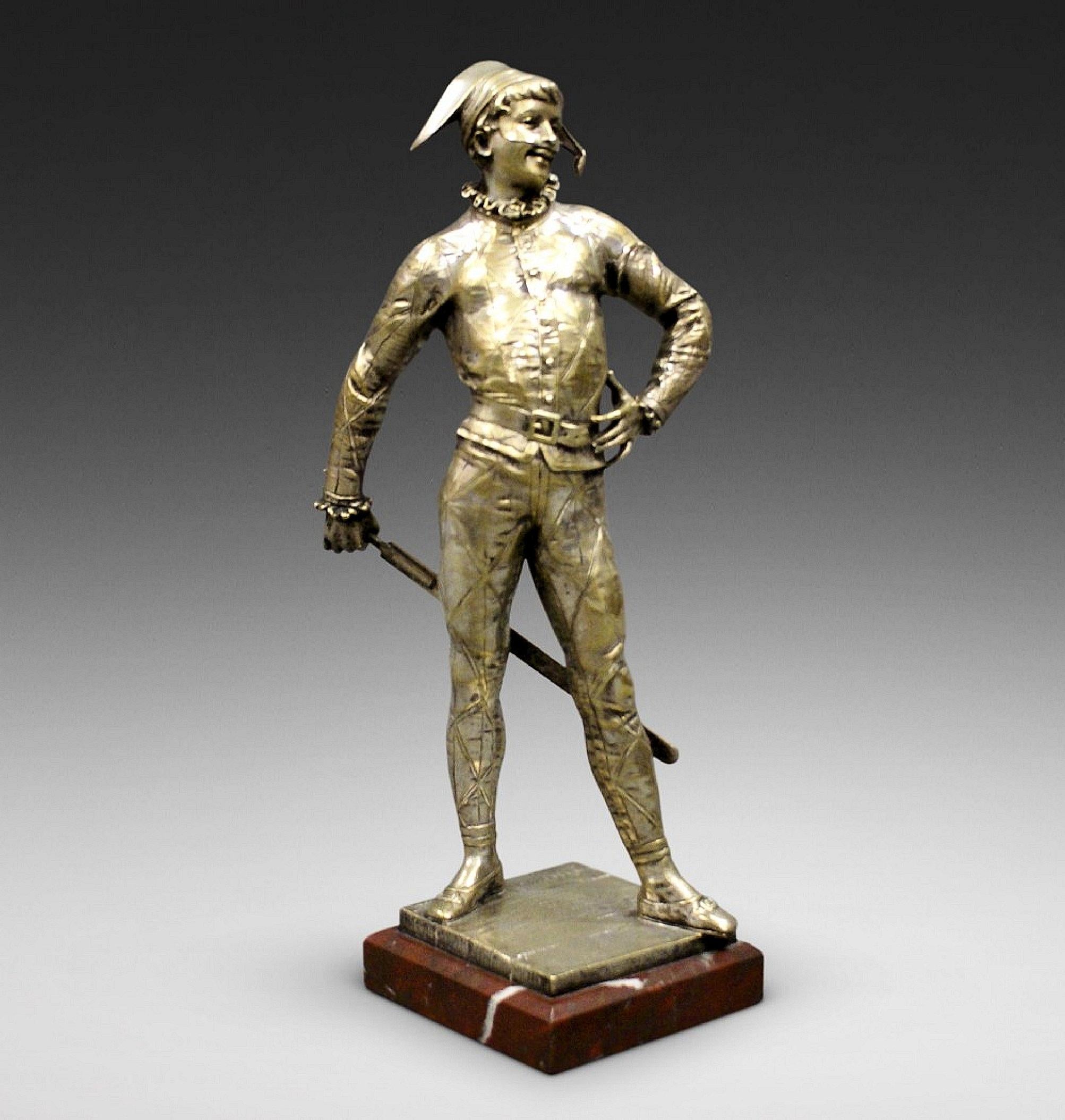 French Silvered Bronze Figure of a Harlequin 4