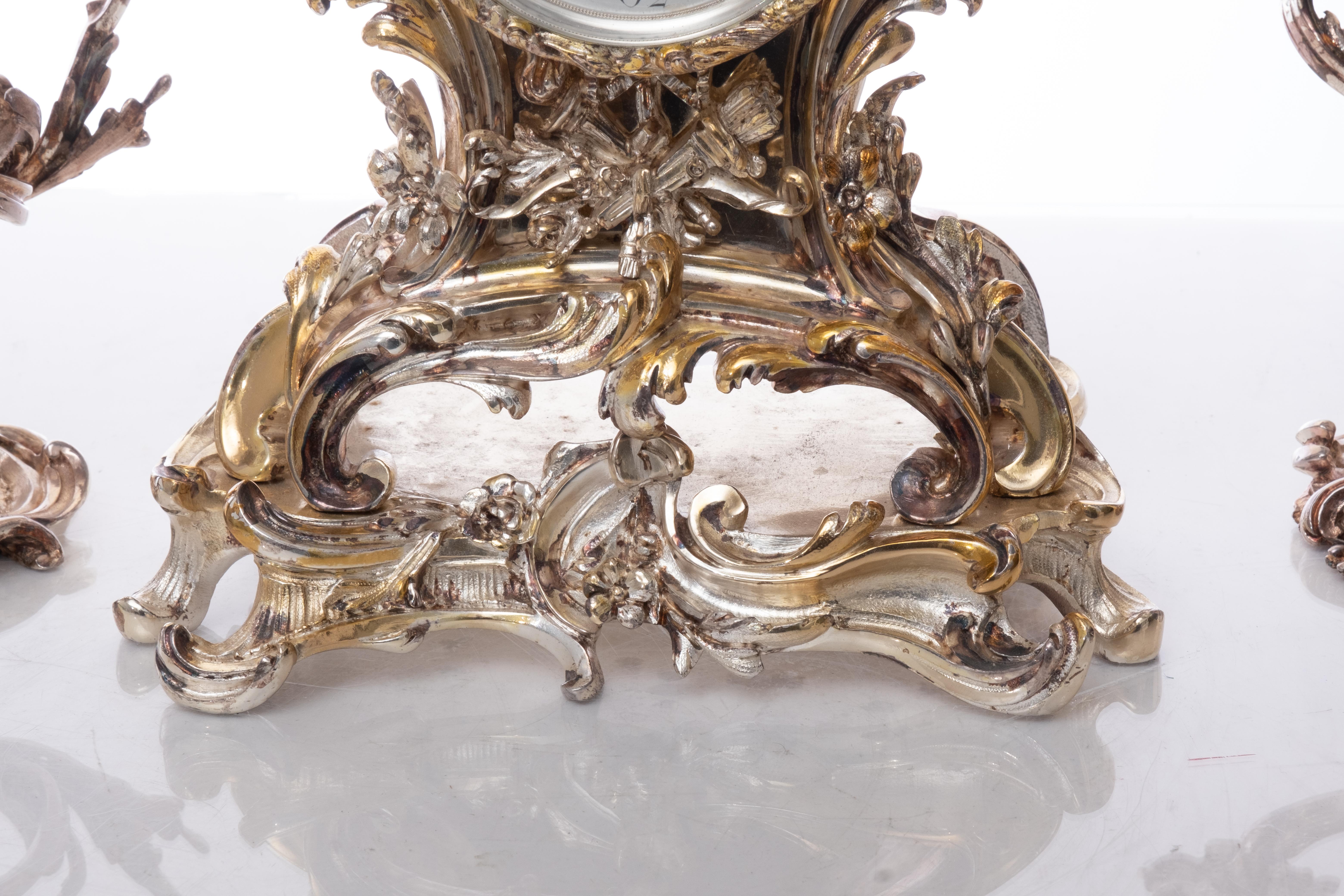 Louis XIV French Silvered Bronze Garniture Clock Set