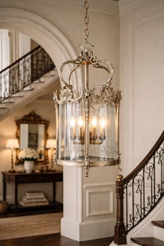 French Silvered Bronze Hall Lantern with Crown Top, Lion Masks and Etched Glass