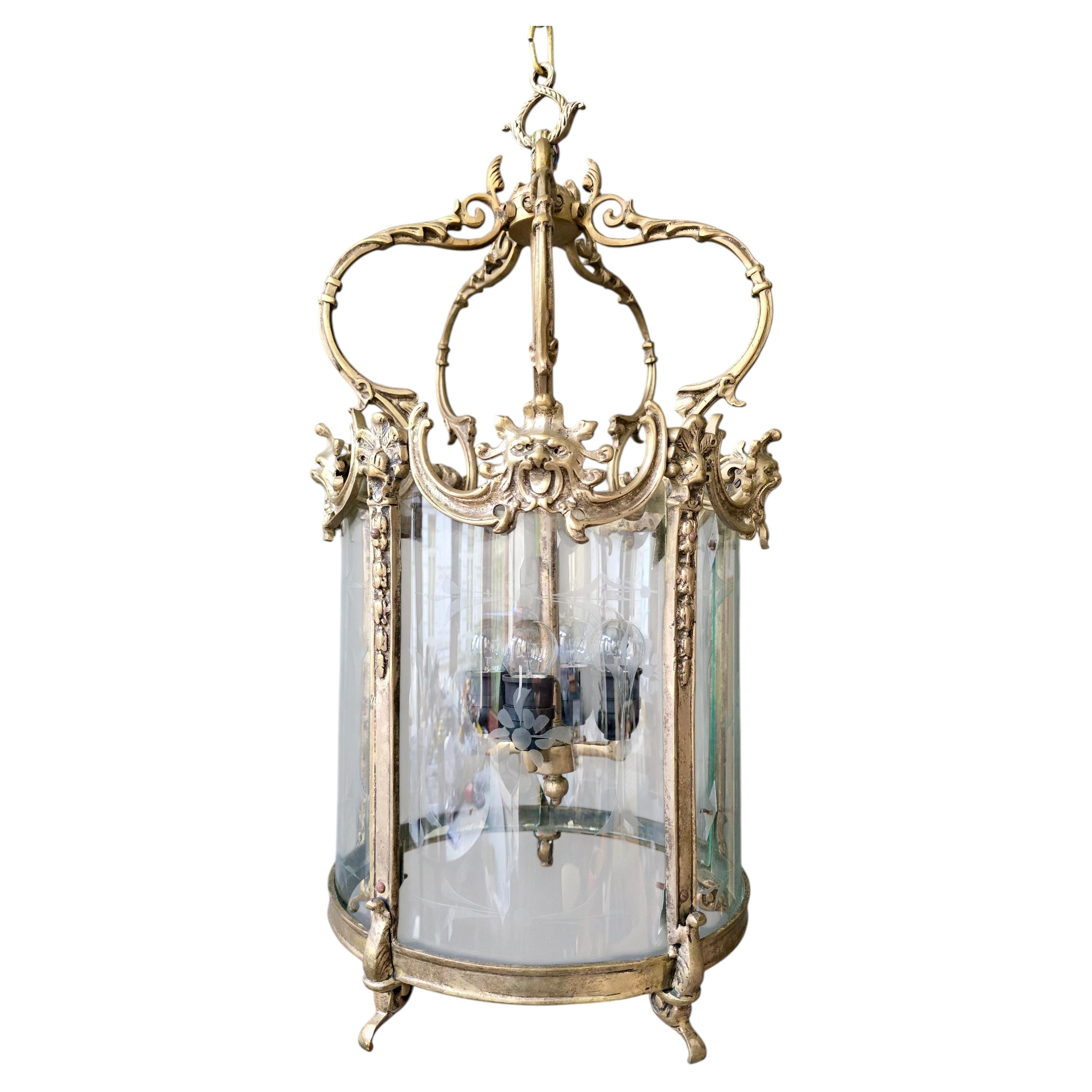 French Silvered Bronze Hall Lantern with Crown Top, Lion Masks and Etched Glass For Sale