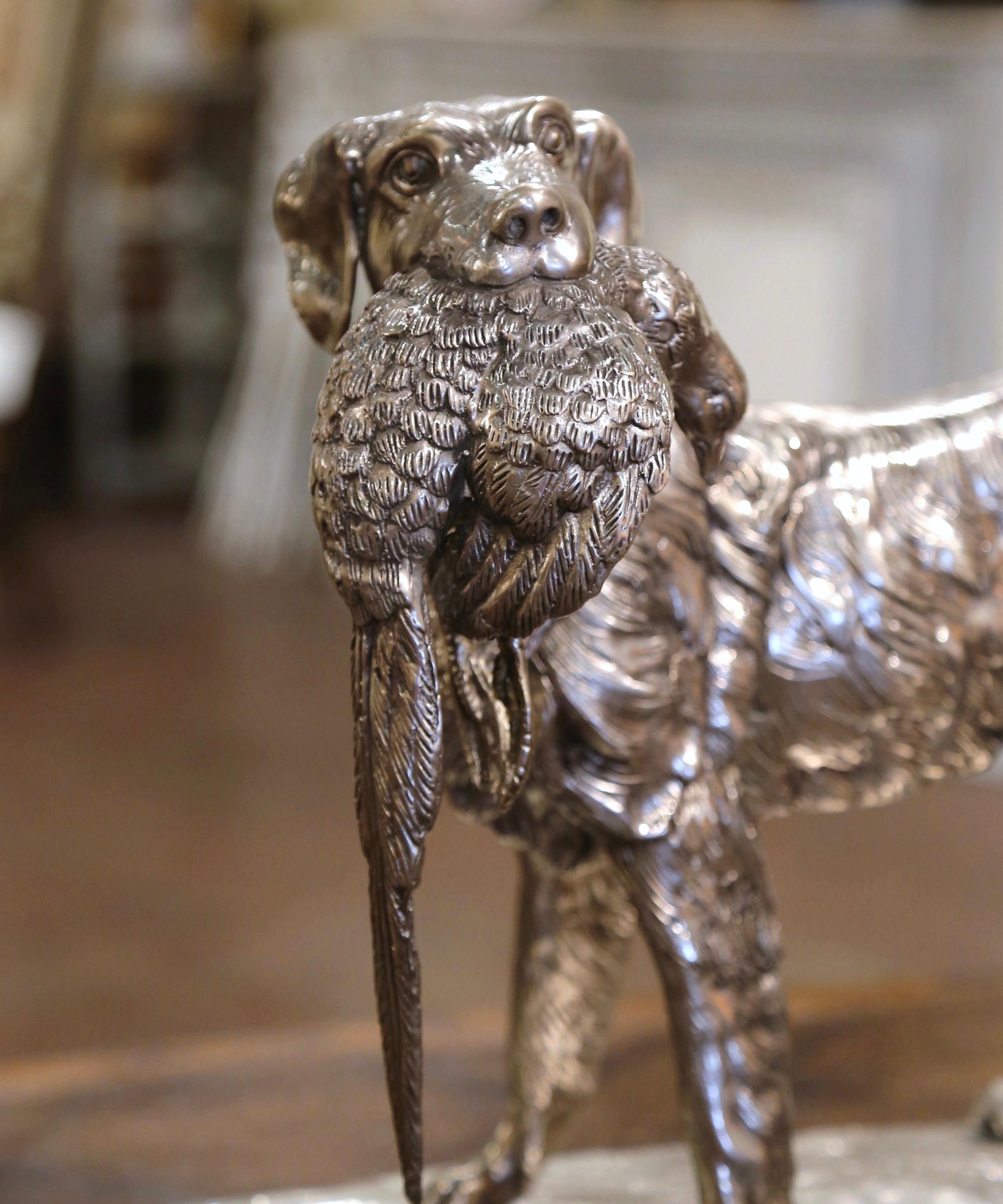 French Silvered Bronze Hunting Dog and Pheasant on Marble Base After J. Moigniez 4