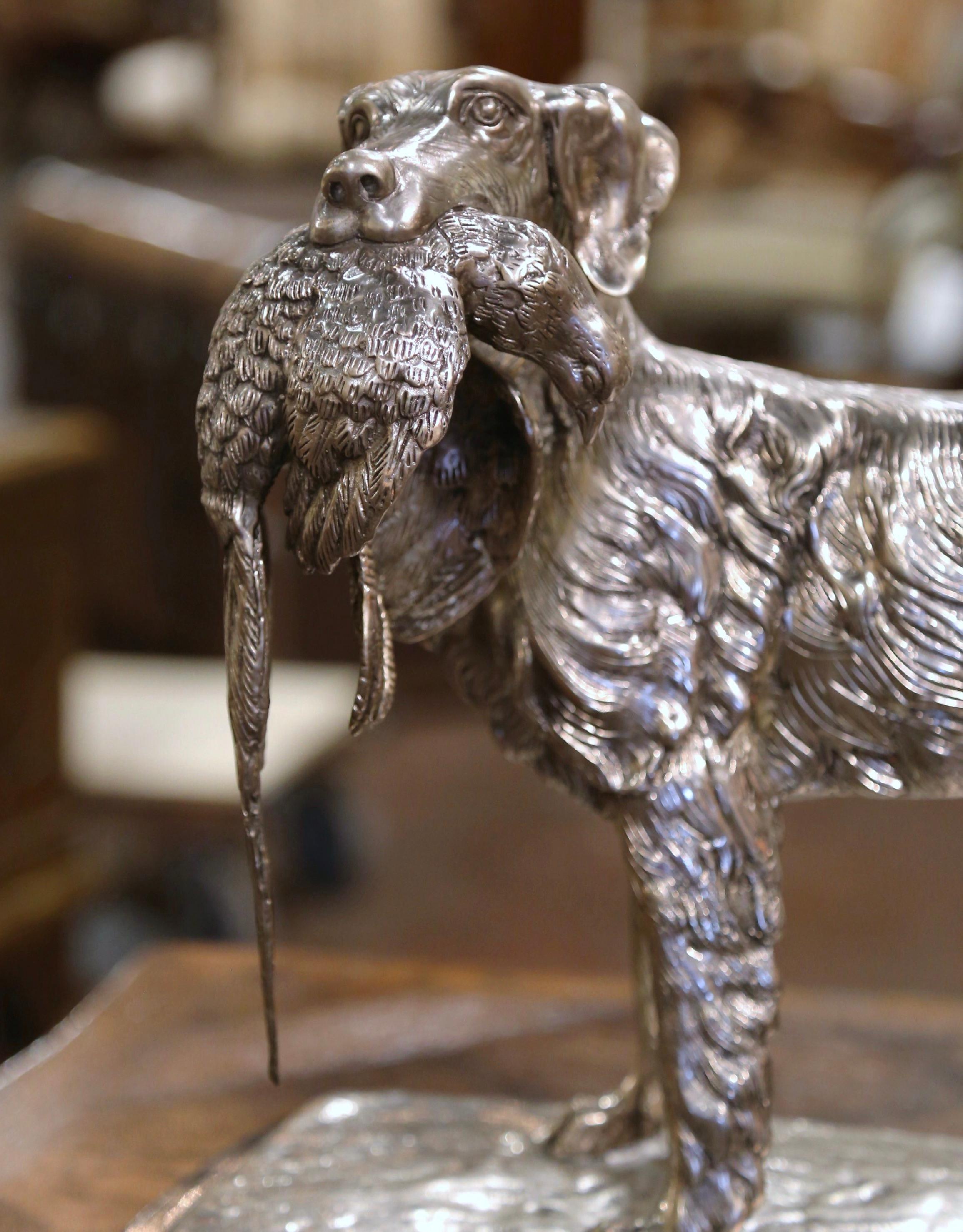 Hand-Crafted French Silvered Bronze Hunting Dog and Pheasant on Marble Base After J. Moigniez