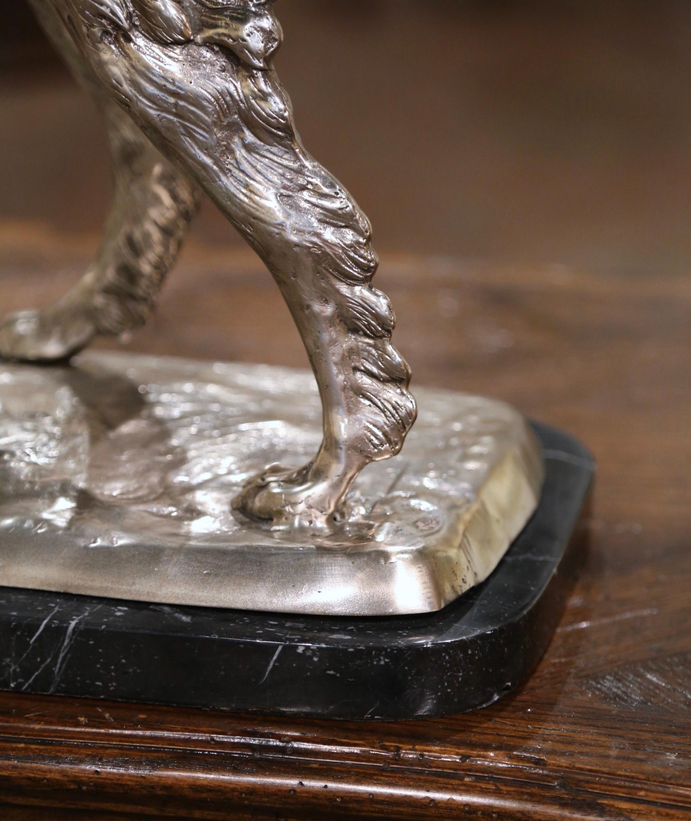 French Silvered Bronze Hunting Dog and Pheasant on Marble Base After J. Moigniez In Excellent Condition In Dallas, TX