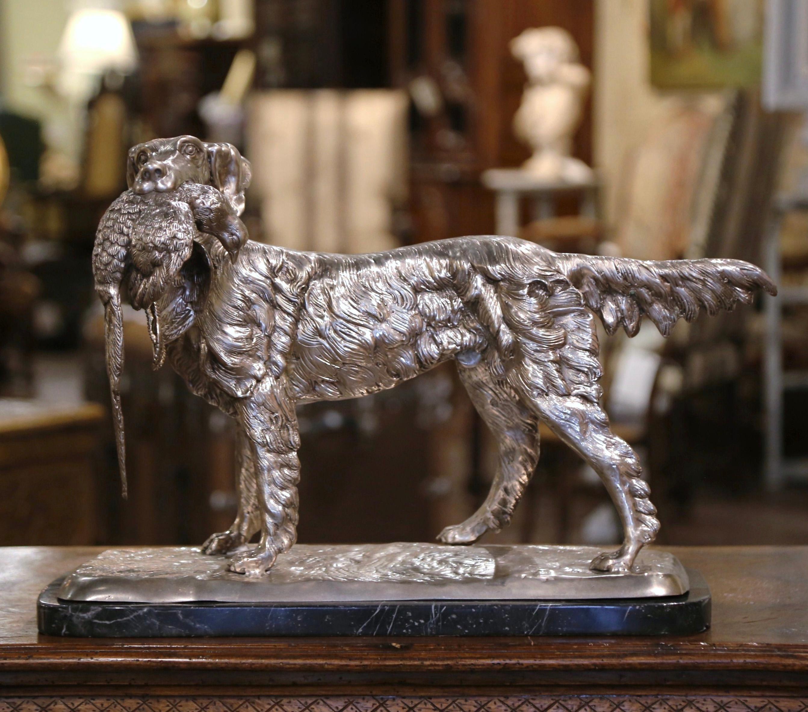 Contemporary French Silvered Bronze Hunting Dog and Pheasant on Marble Base After J. Moigniez