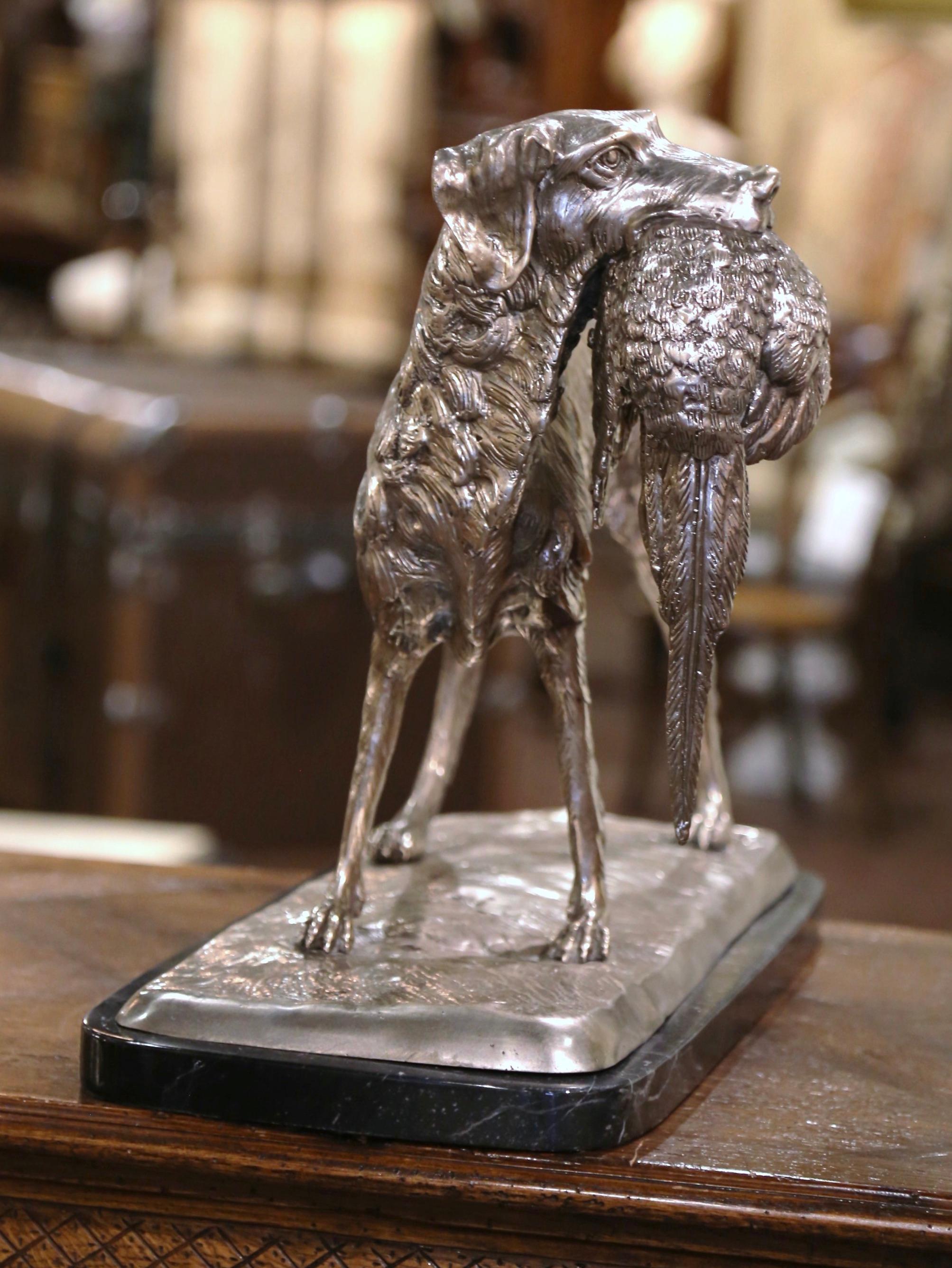 Silver Plate French Silvered Bronze Hunting Dog and Pheasant on Marble Base After J. Moigniez