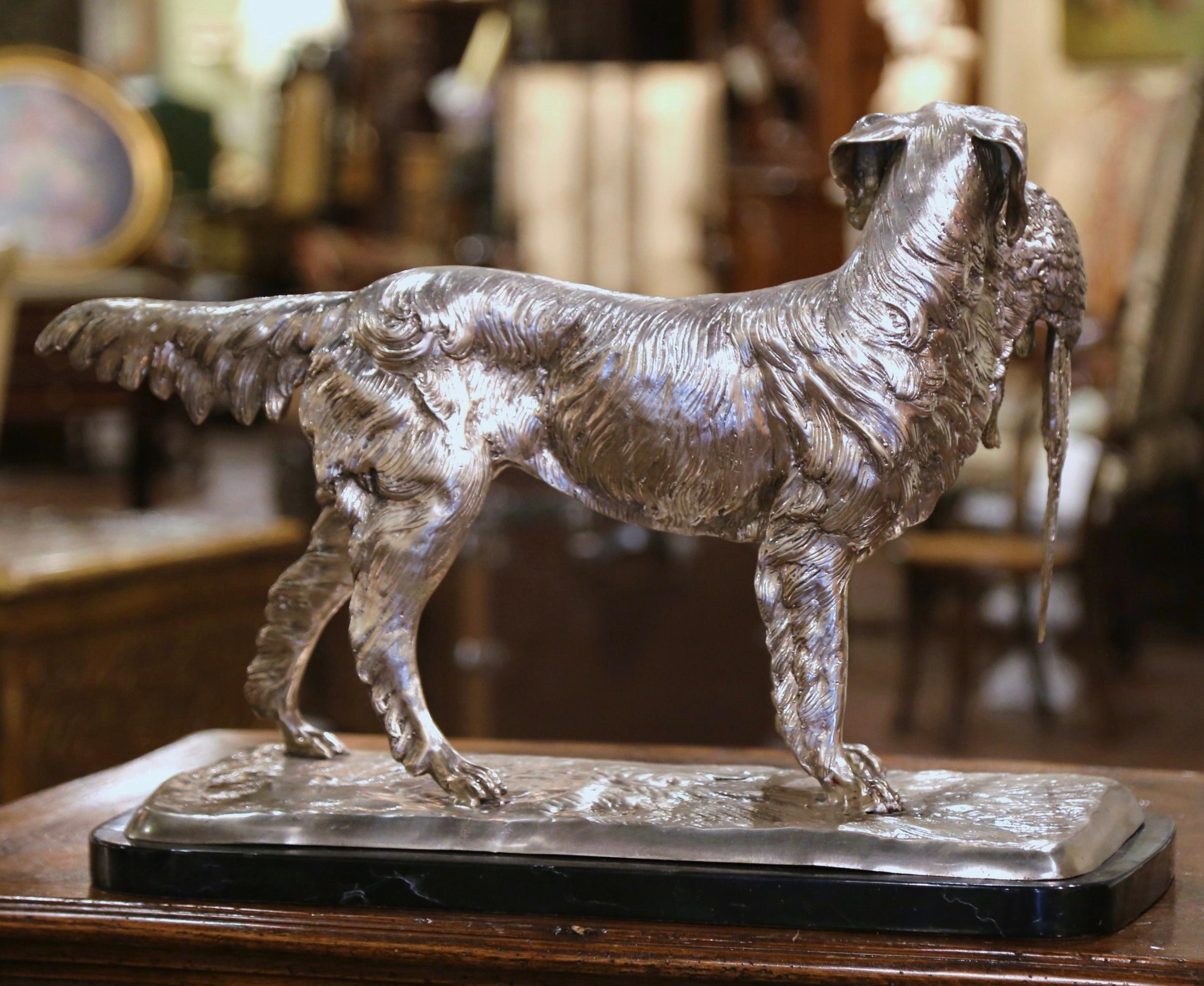 French Silvered Bronze Hunting Dog and Pheasant on Marble Base After J. Moigniez 2